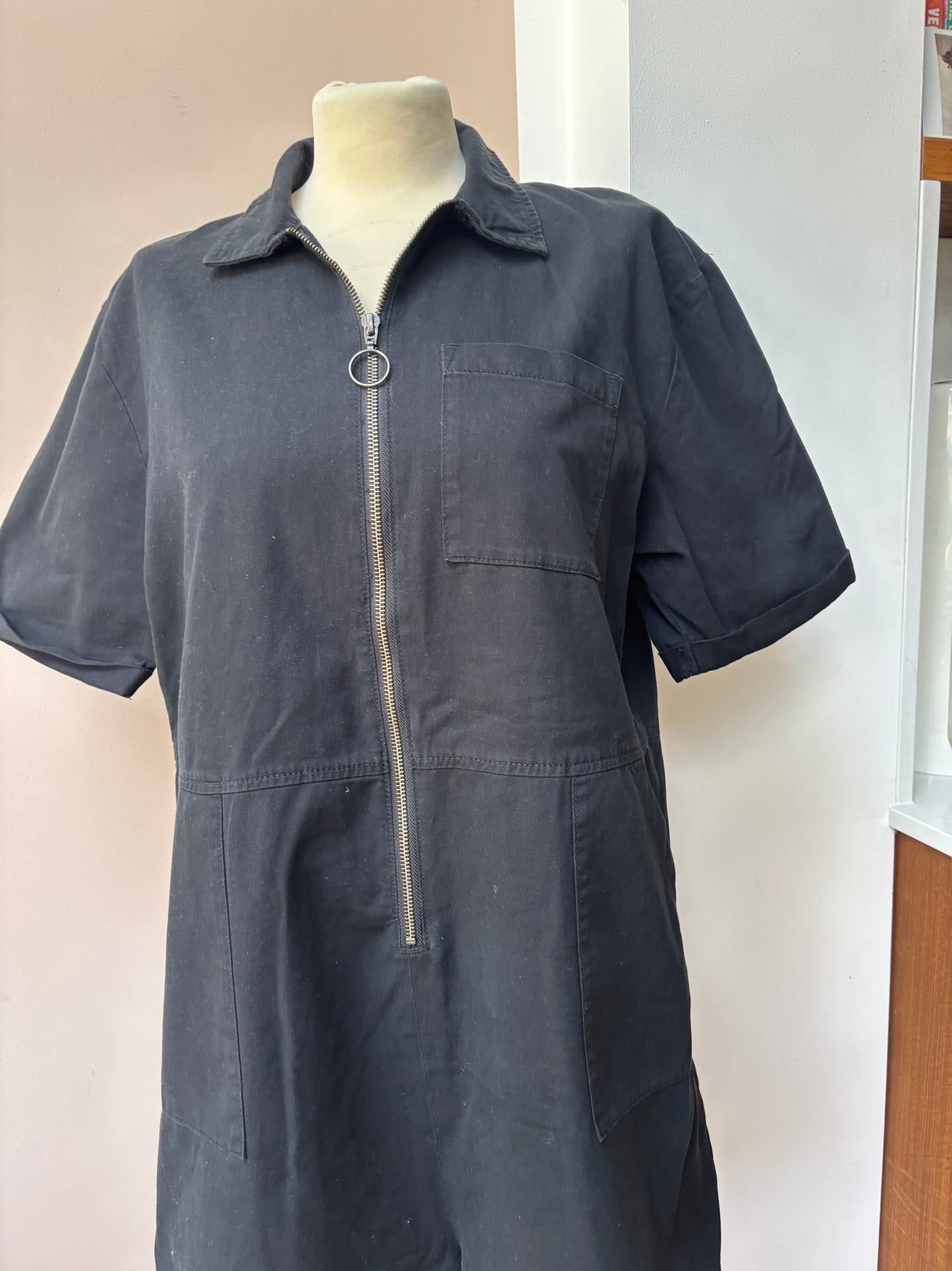 Black 100% cotton zip front playsuit size Medium