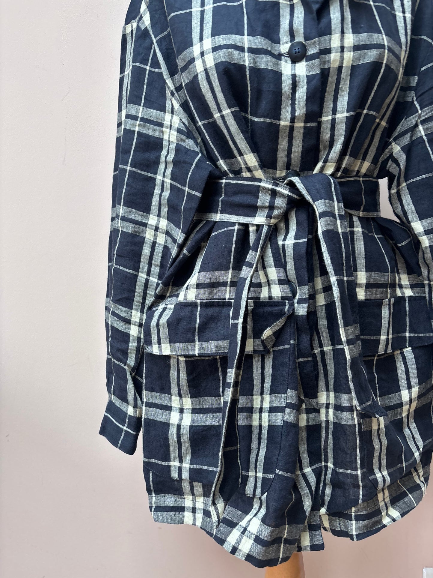 Vintage 100% linen check belted shirt jacket size 14/16