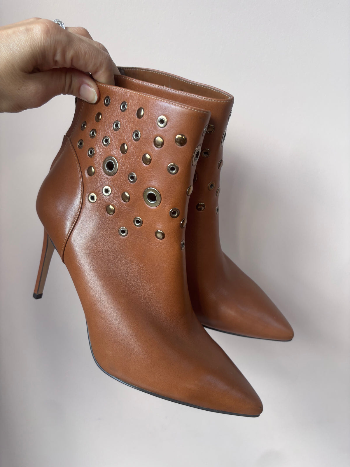 Brown leather studded heeled boots size 5.5