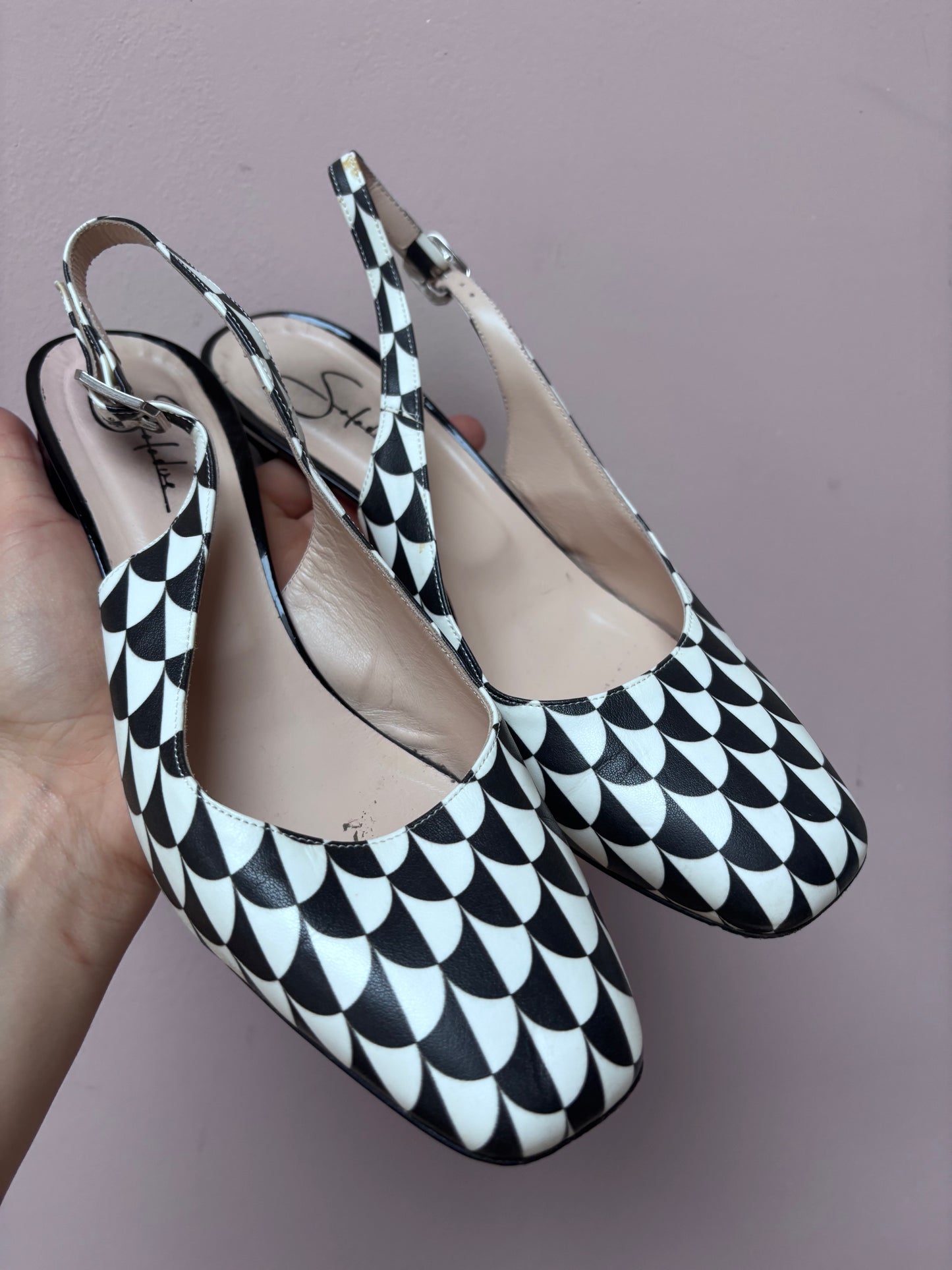 Black white leather heels size 5