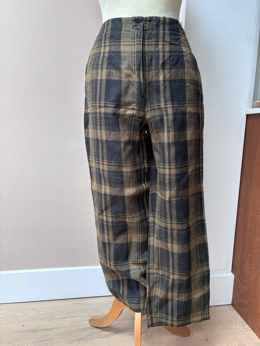 Vintage gold black check 100% linen trousers size 10