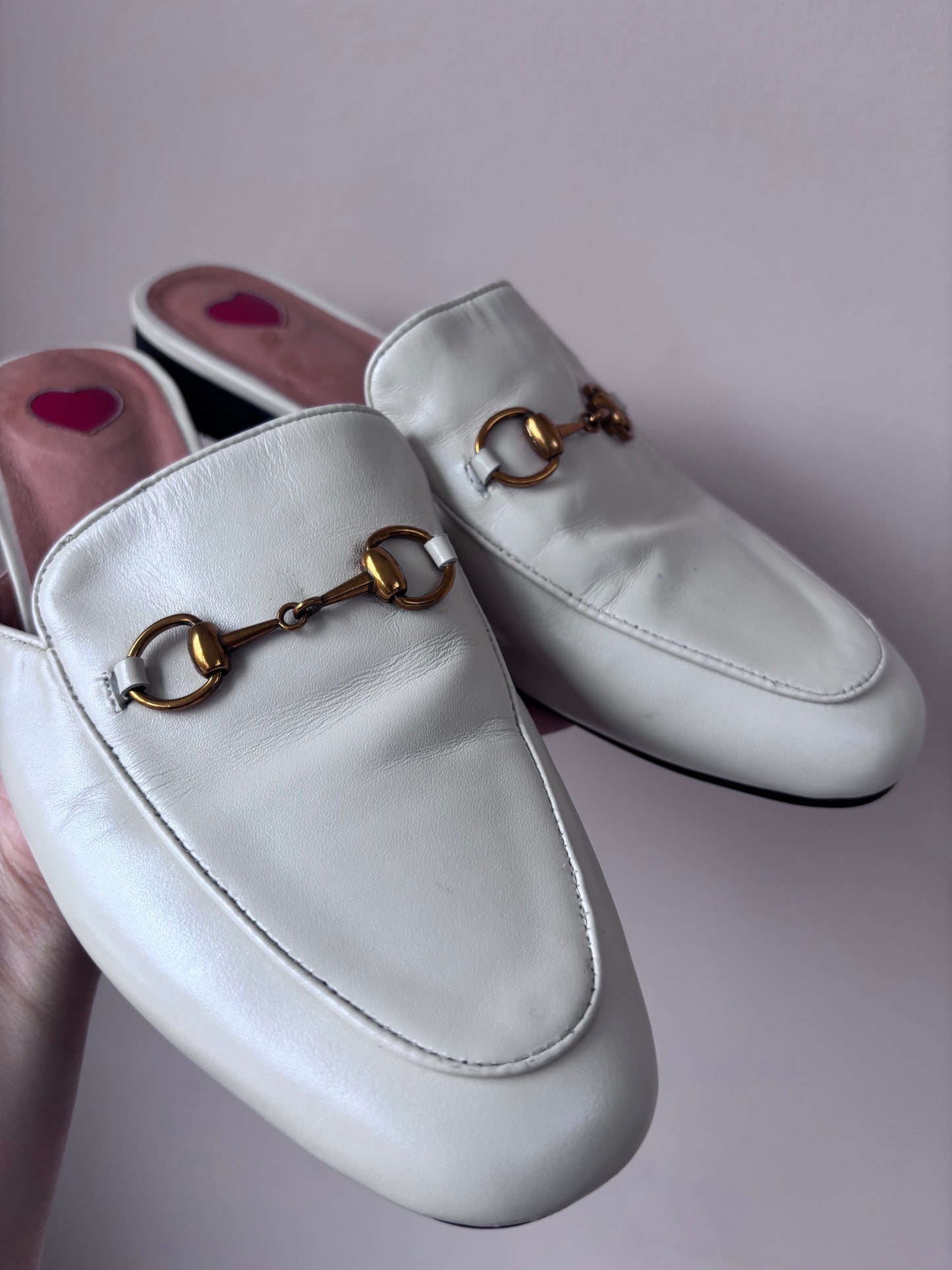 Cream leather brass buckle shoes size UK5