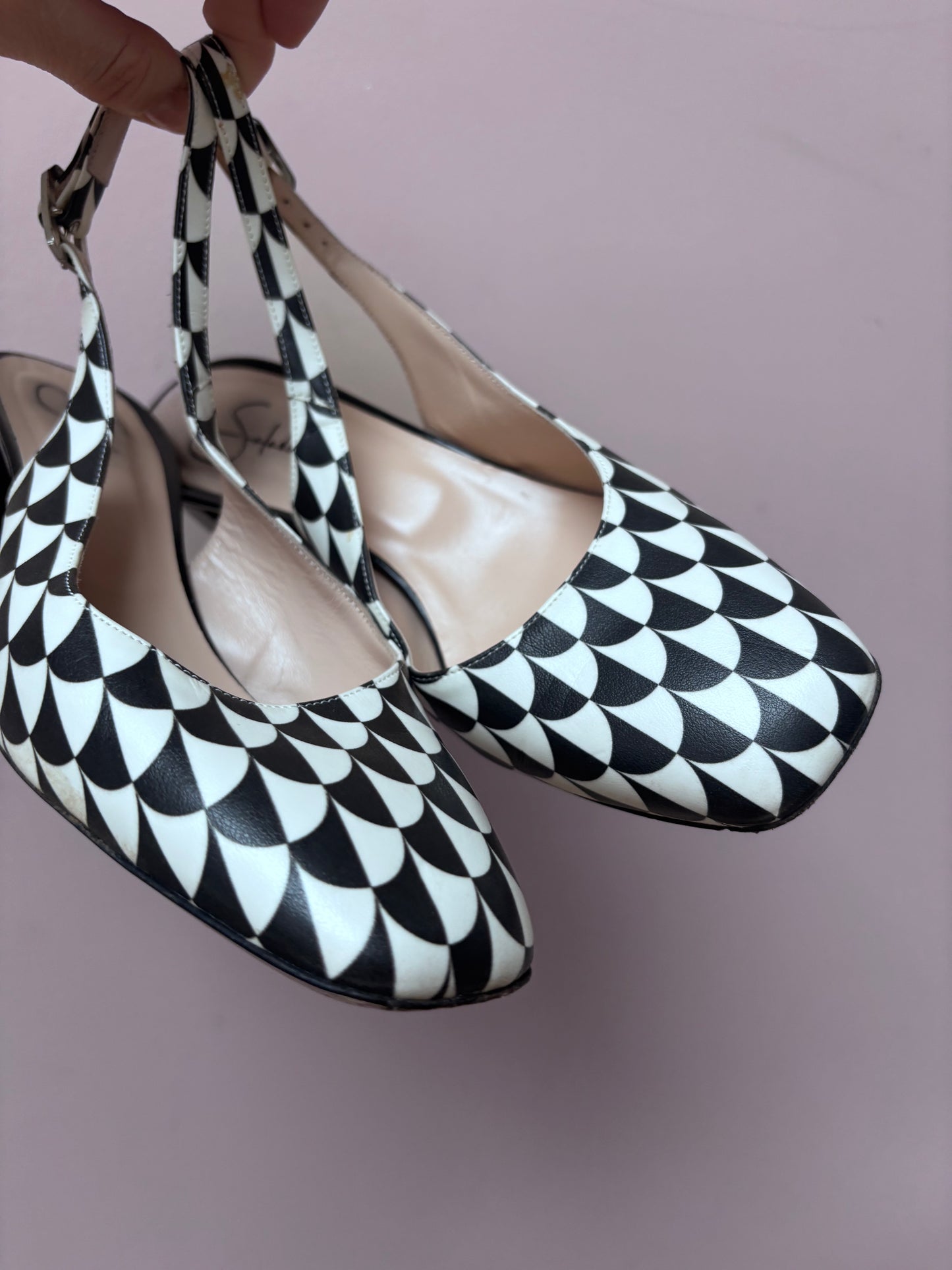 Black white leather heels size 5
