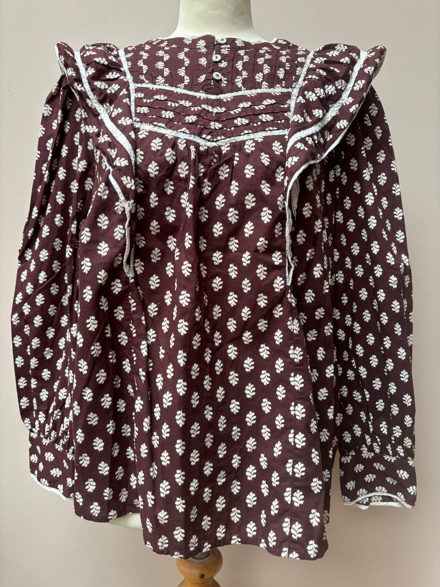 Brown frill 100% cotton blouse size 14/16