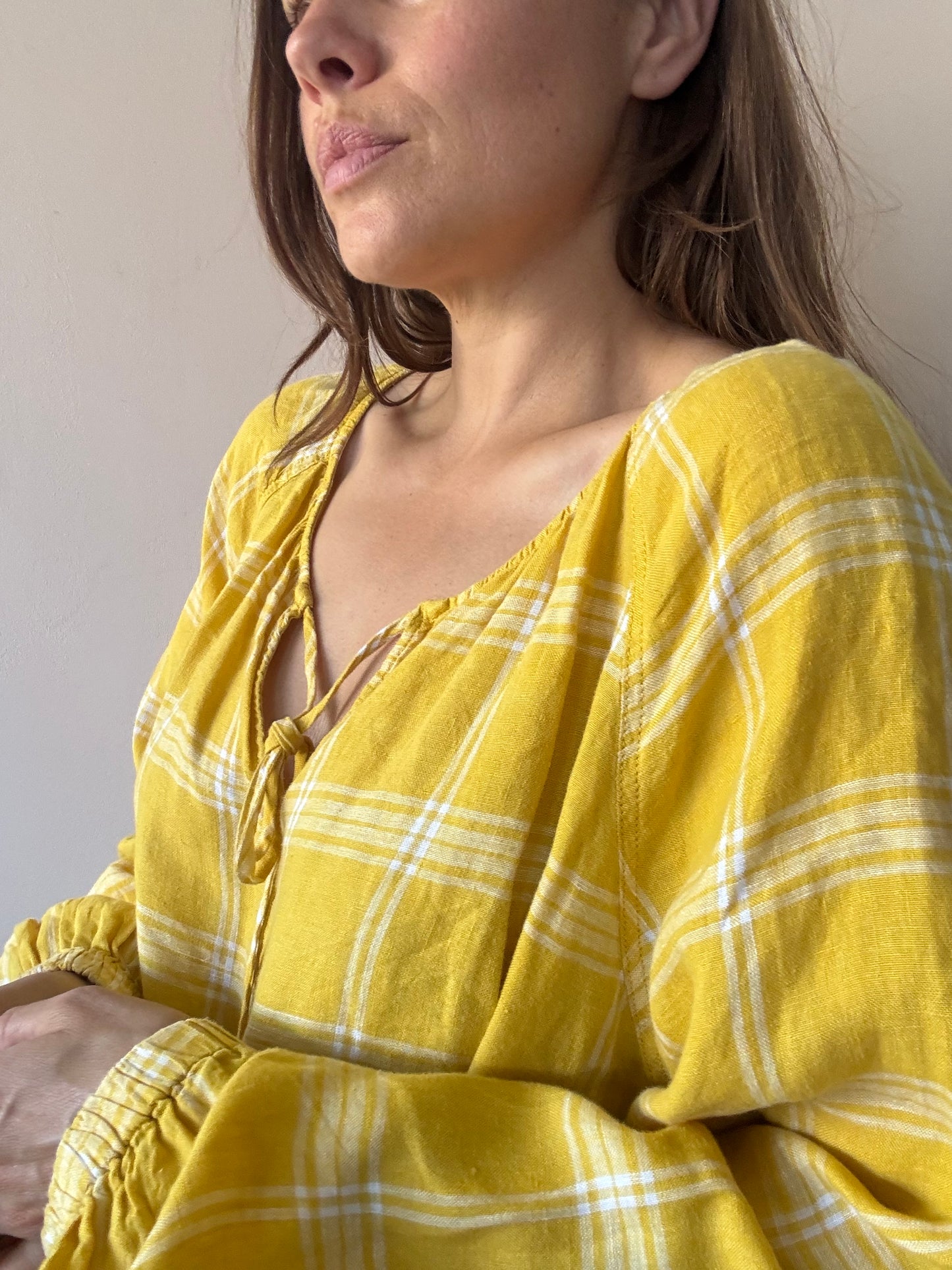 Yellow check 100% linen top size 20