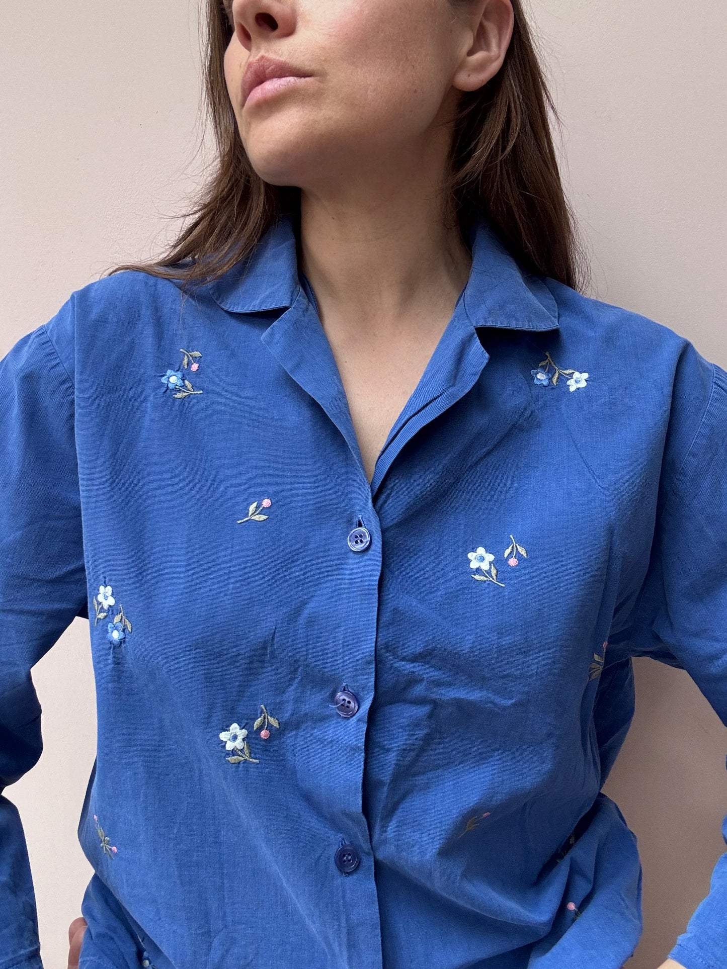 Vintage blue cotton shirt flower embroidery size 10/12