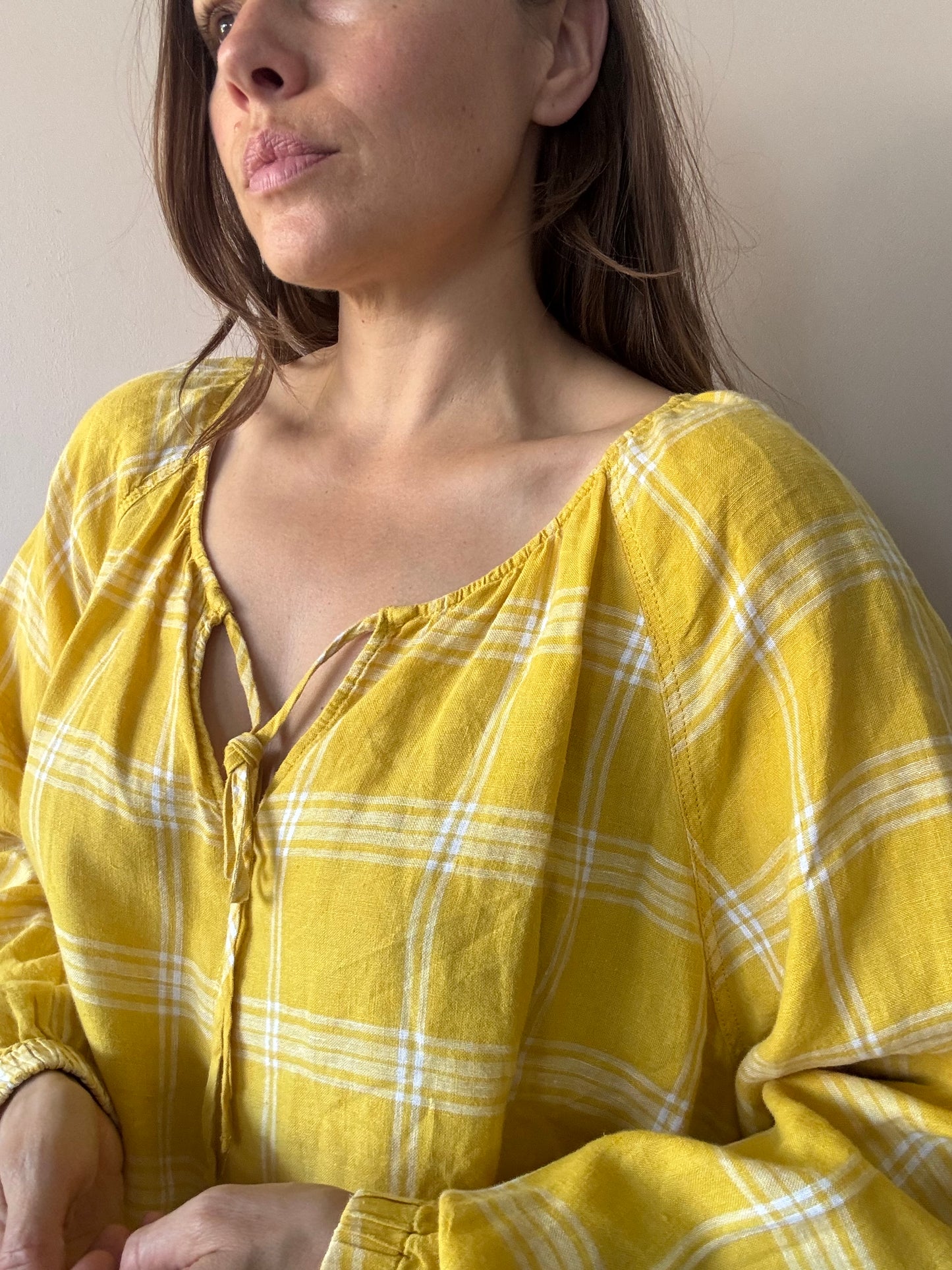 Yellow check 100% linen top size 20