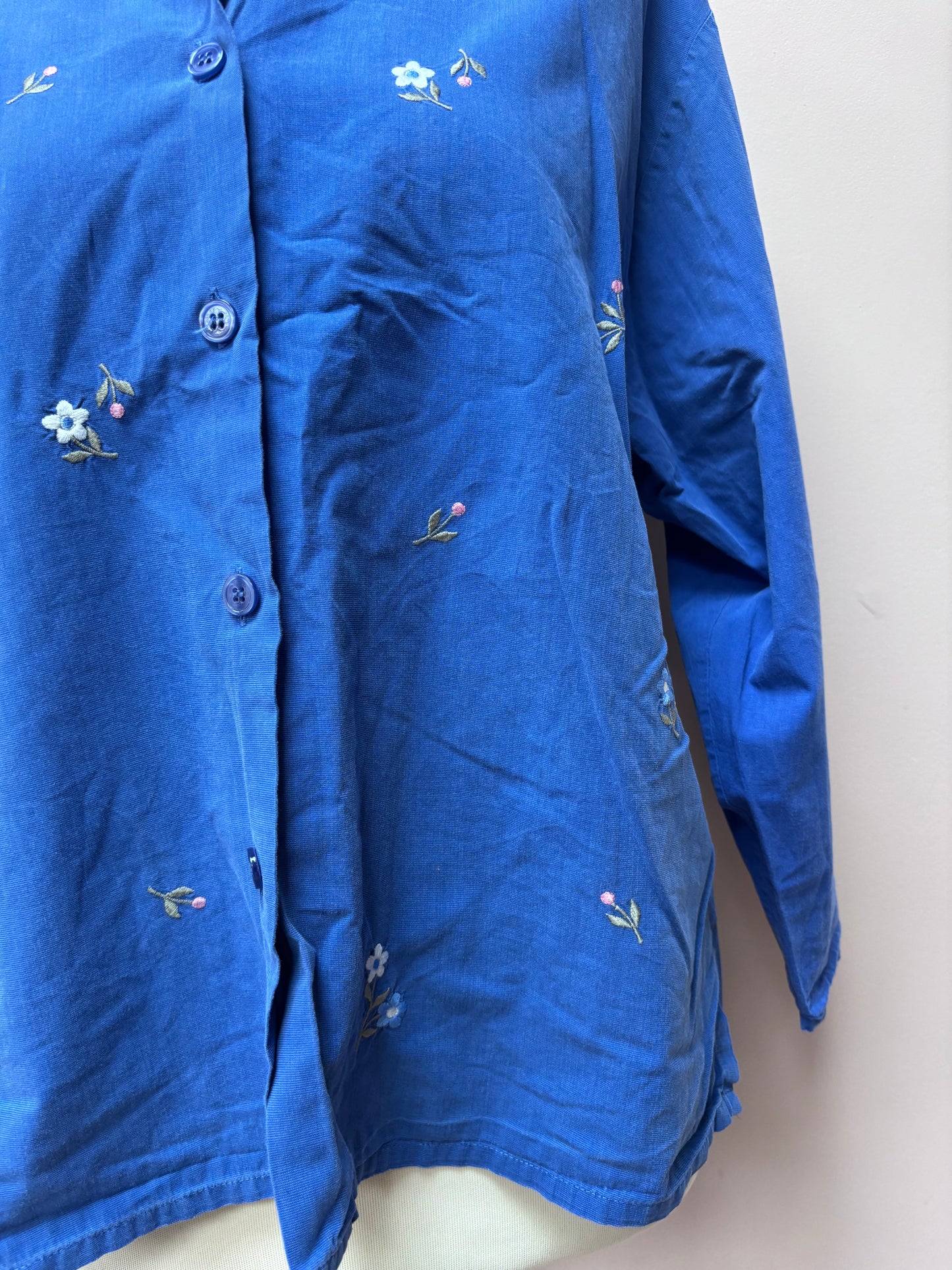 Vintage blue cotton shirt flower embroidery size 10/12