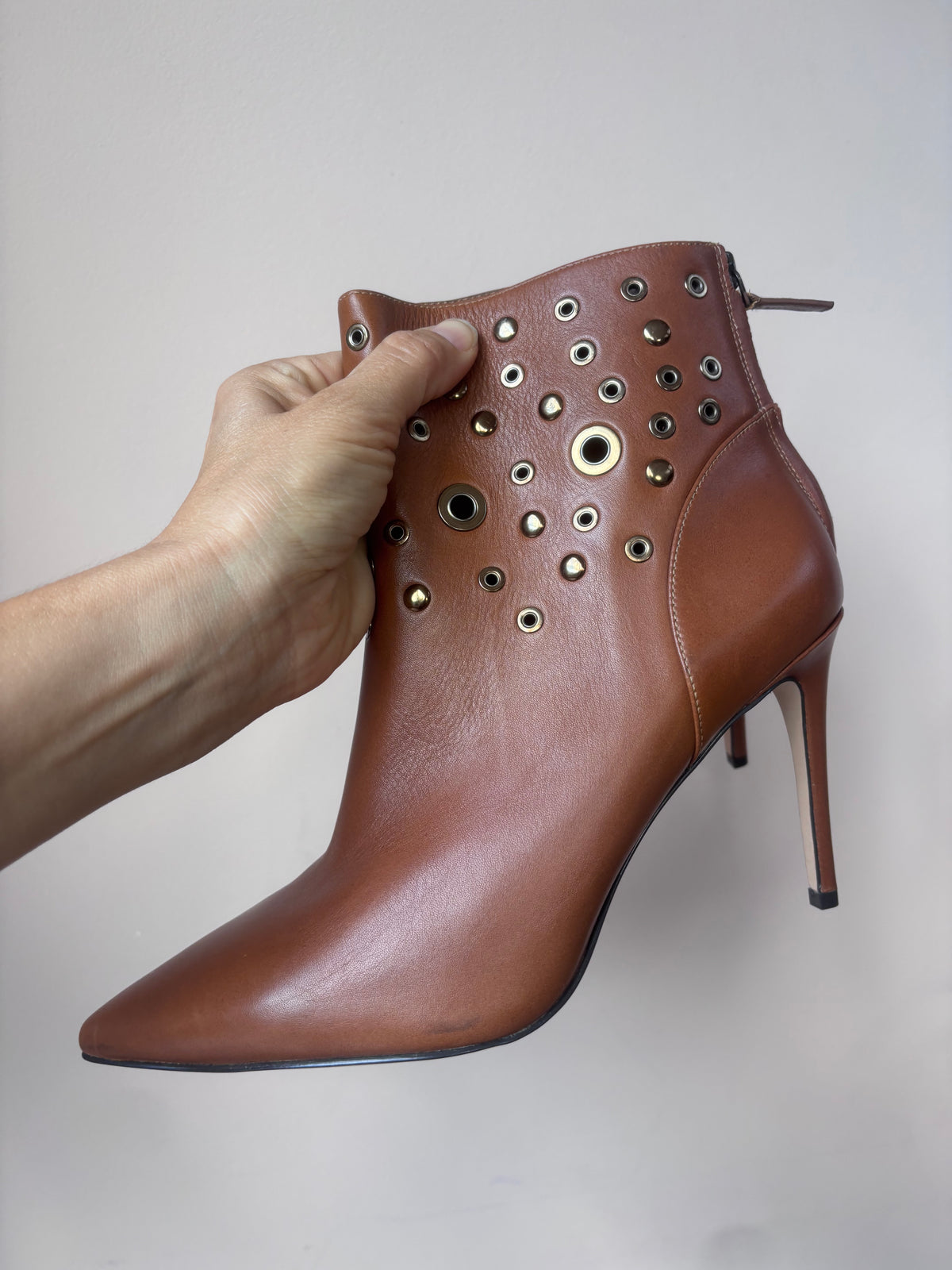 Brown leather studded heeled boots size 5.5