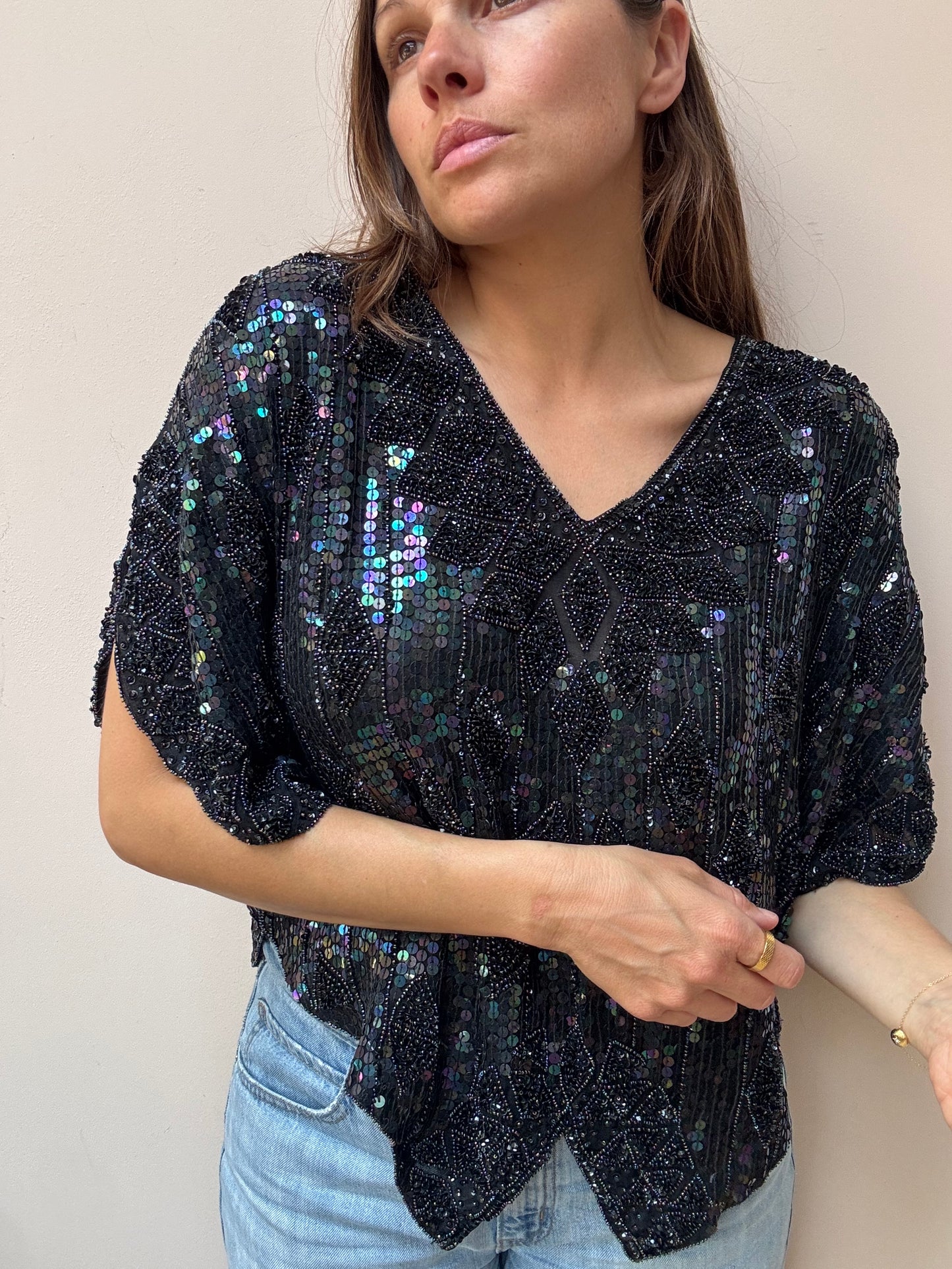Classic vintage sequin silk top size  Medium