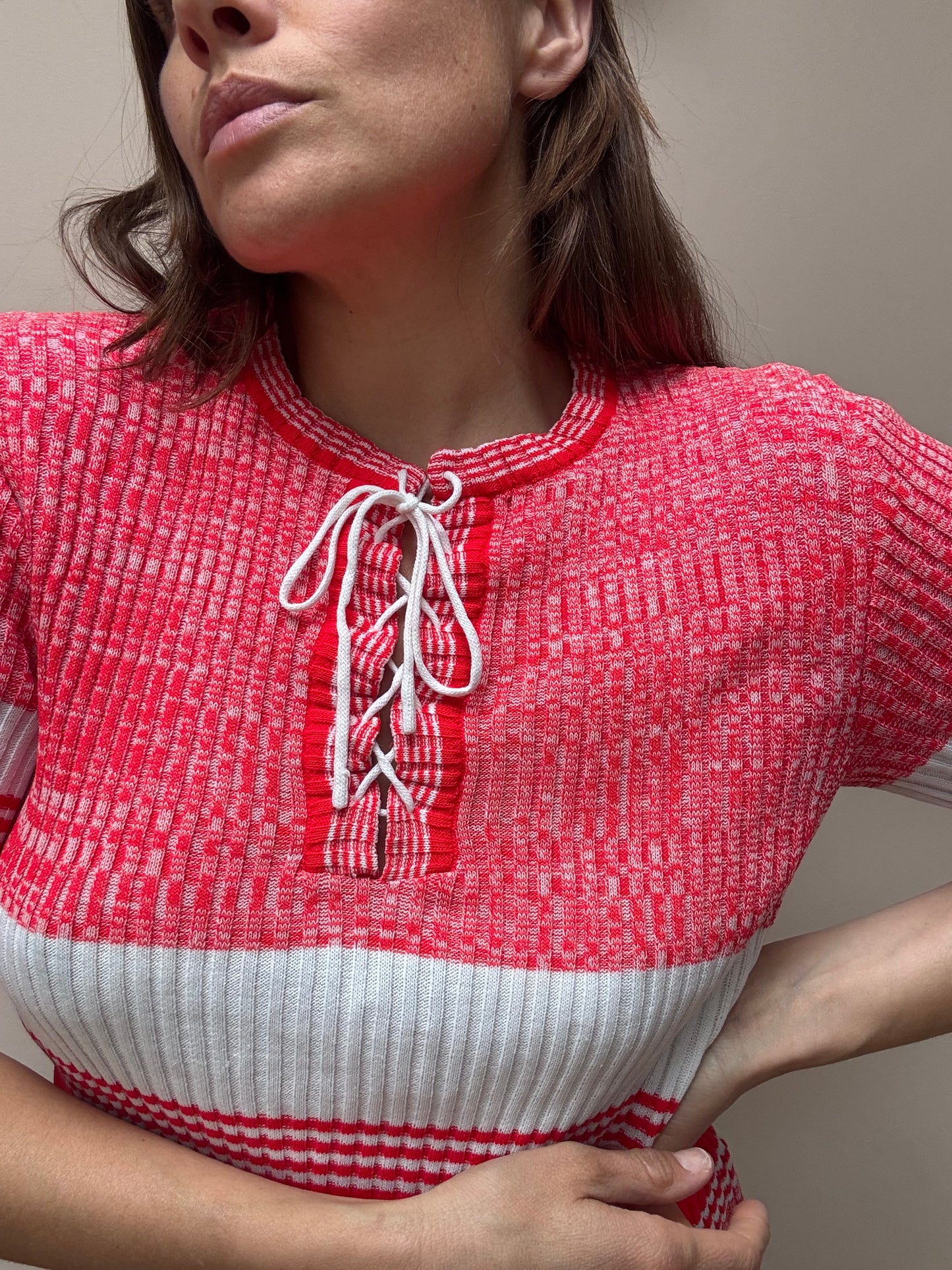 Vintage red white tie neck top size 10