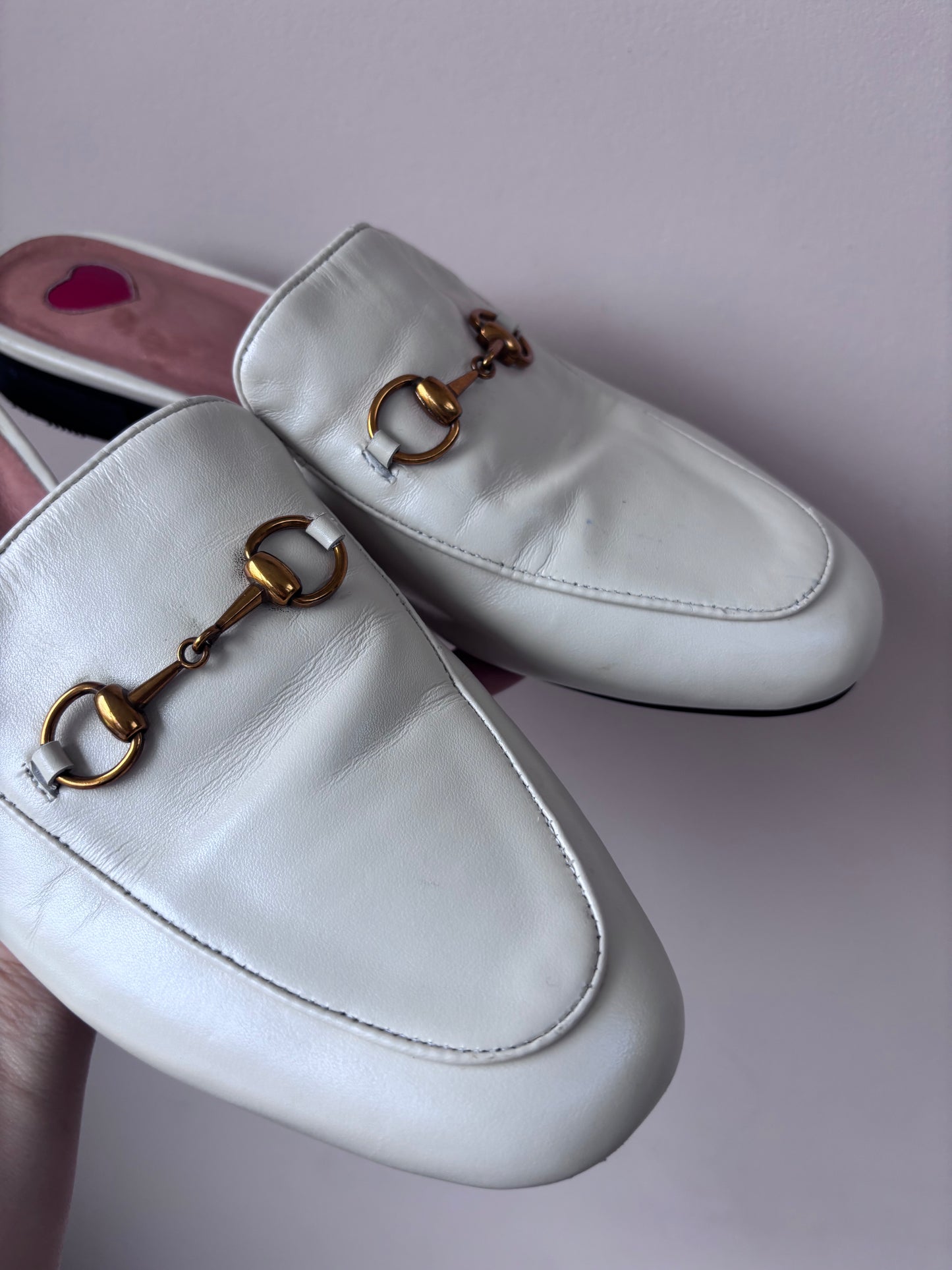 Cream leather brass buckle shoes size UK5