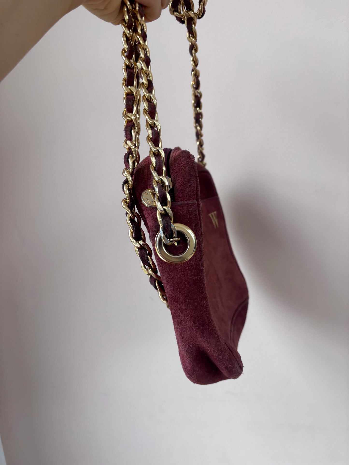 Vintage maroon suede gold chain strap bag