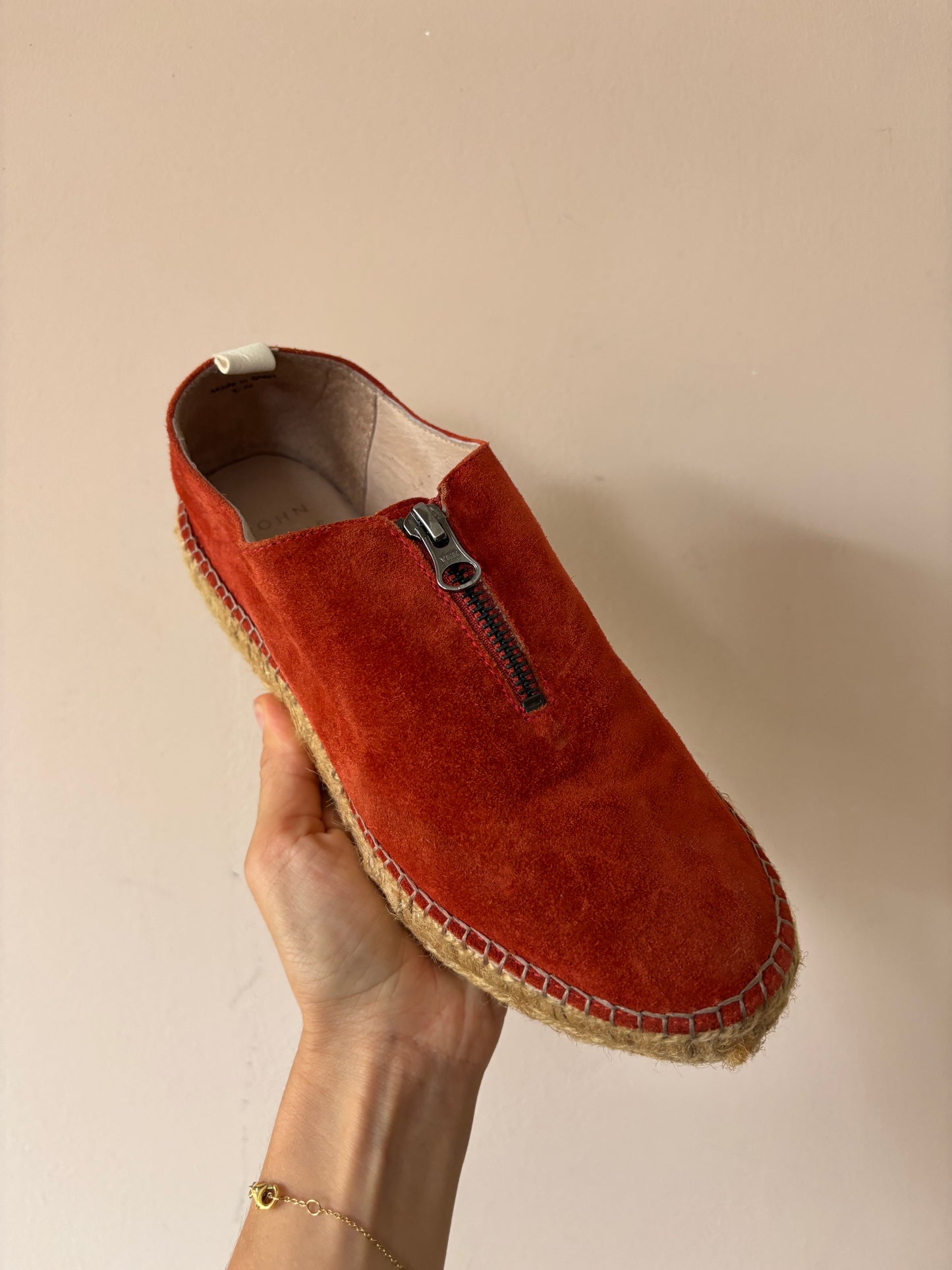 Orange suede zip front espadrilles size 5