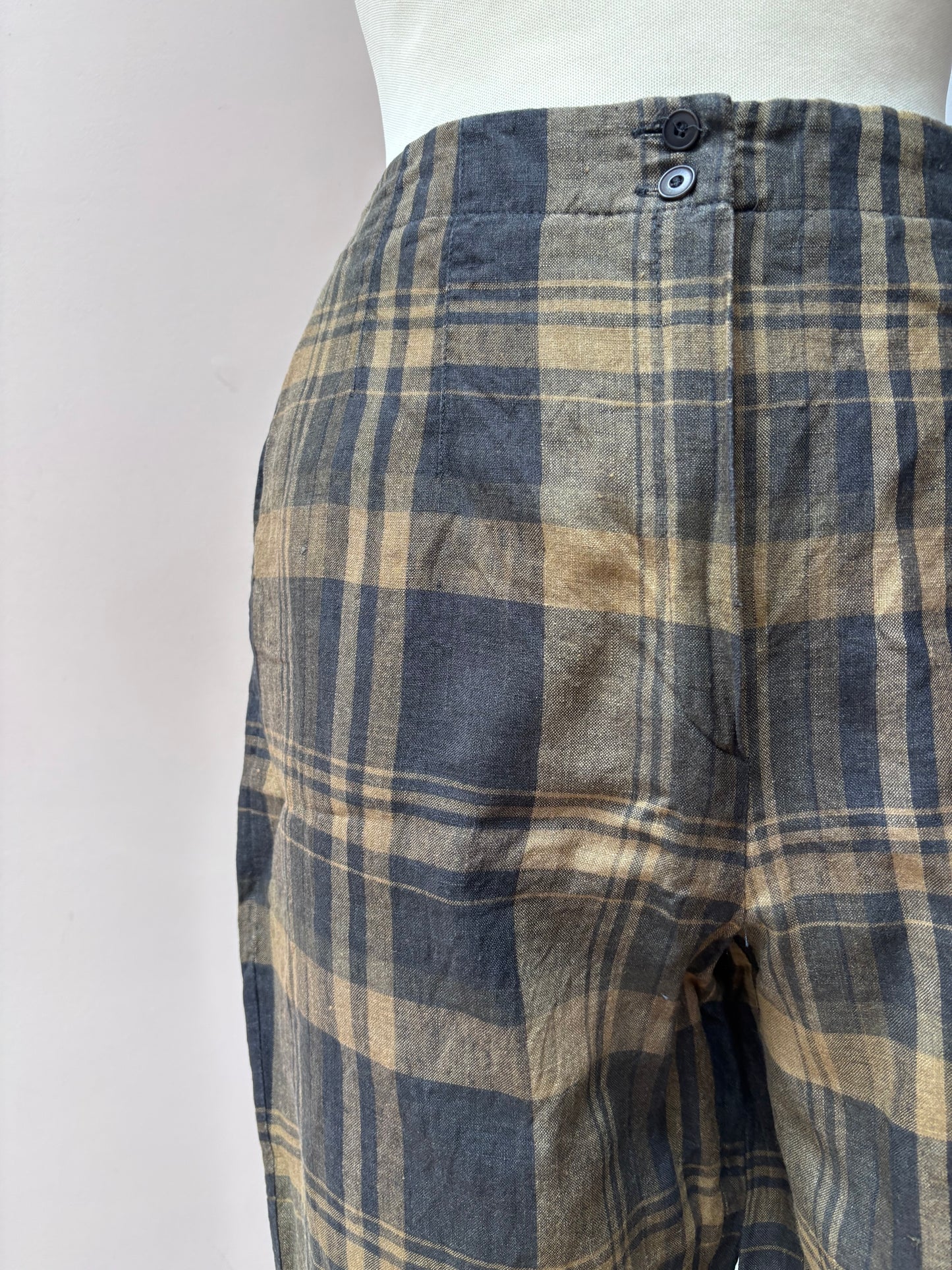 Vintage gold black check 100% linen trousers size 10