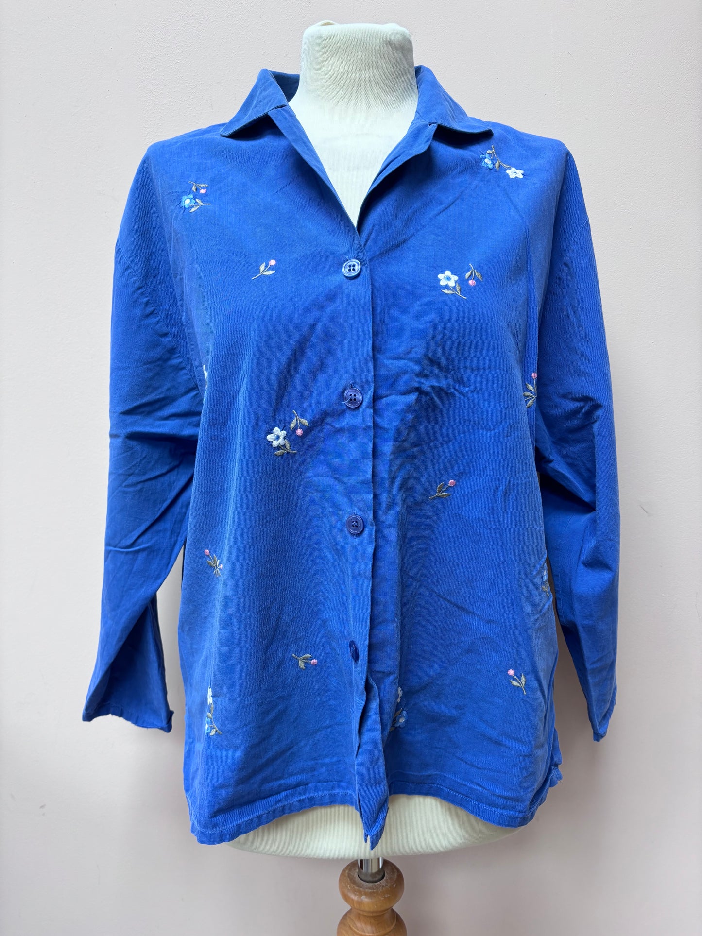 Vintage blue cotton shirt flower embroidery size 10/12