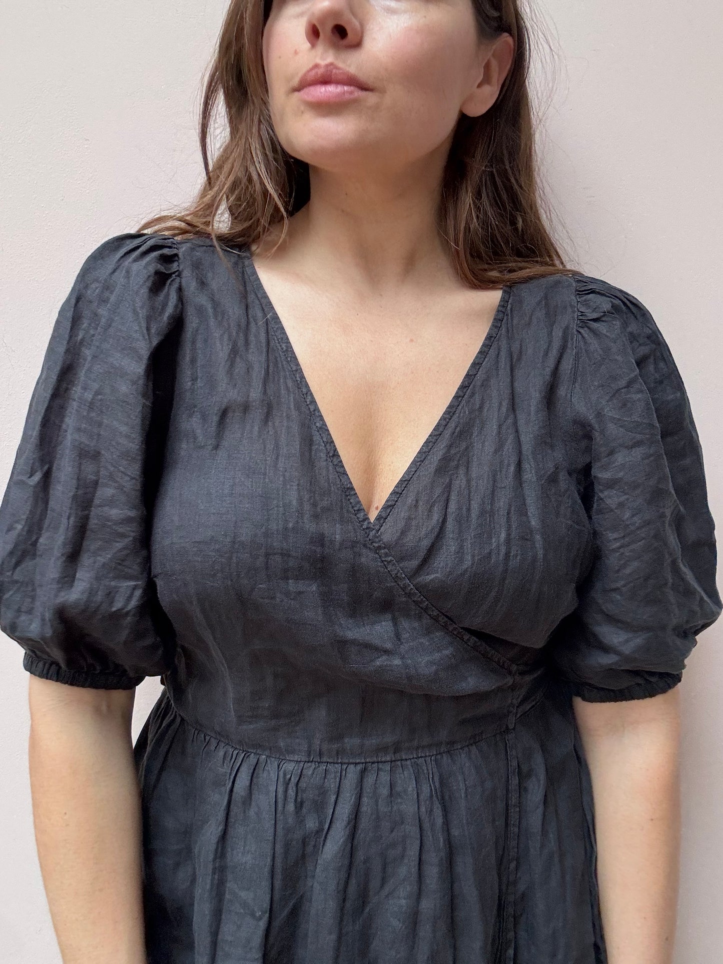 Black 100% linen wraparound puff sleeve dress size 12