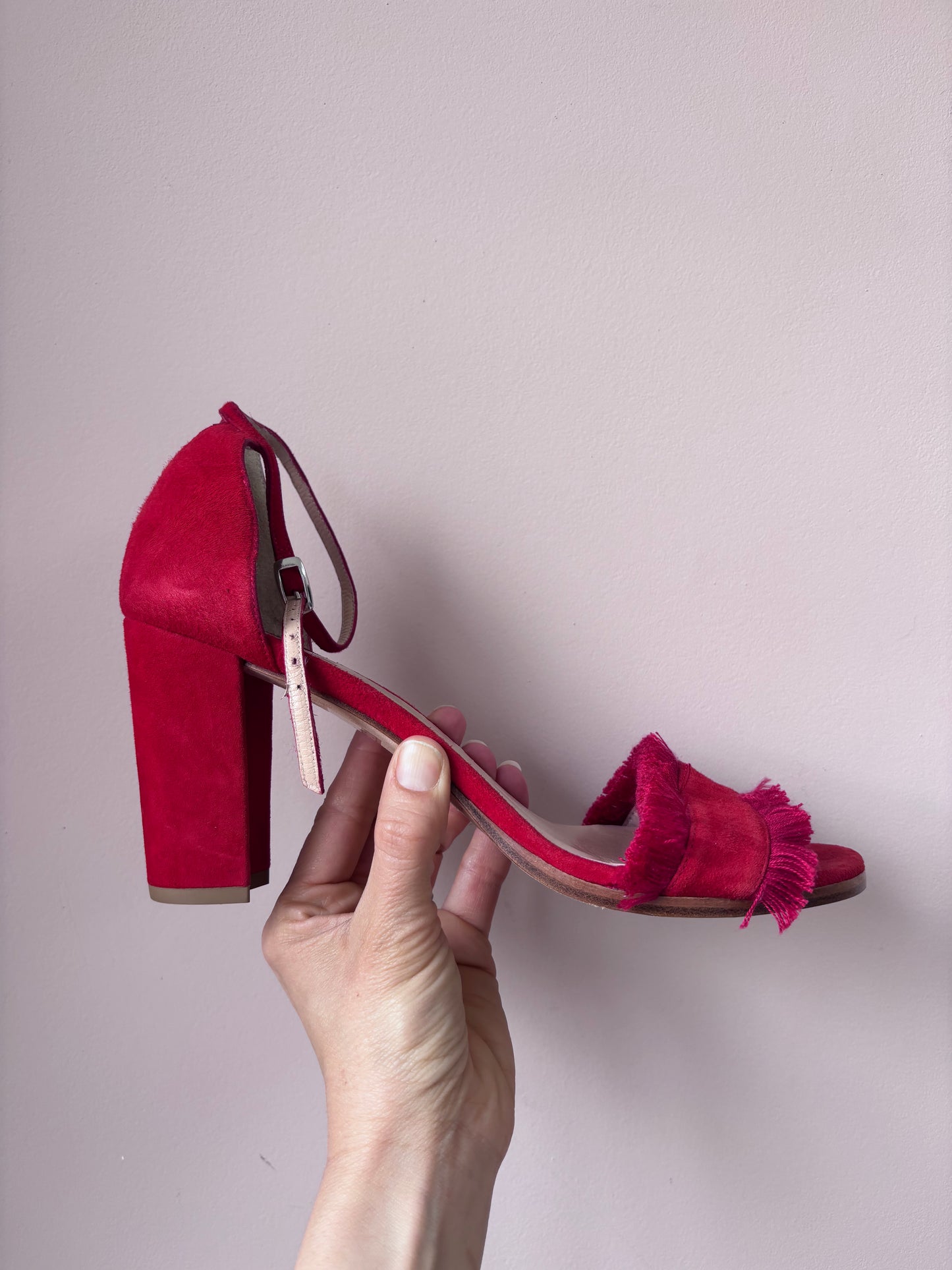 Red and orange suede tassel heels size UK8