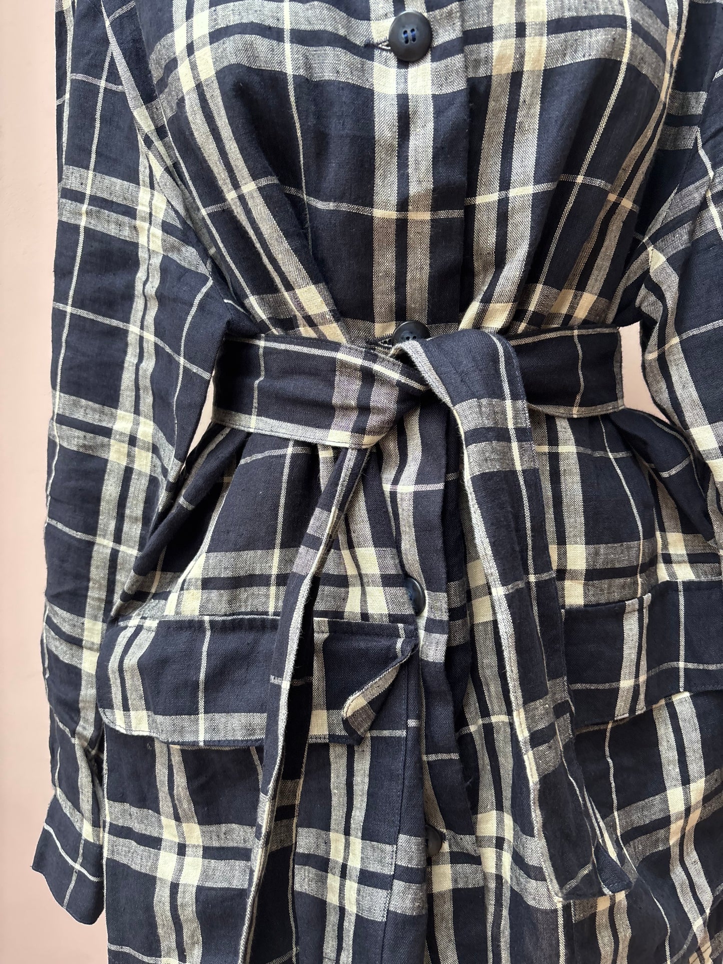 Vintage 100% linen check belted shirt jacket size 14/16