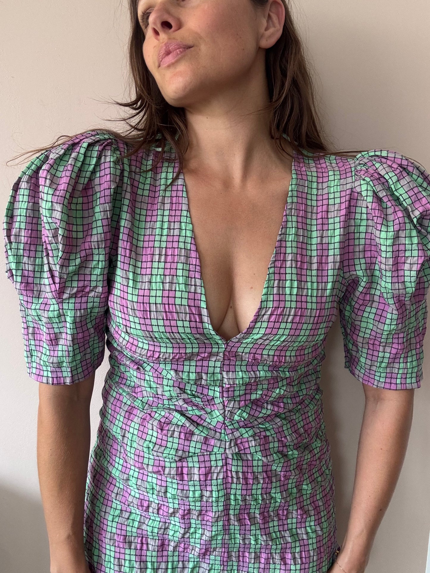 Pink green check puff sleeve dress size Large BNWT