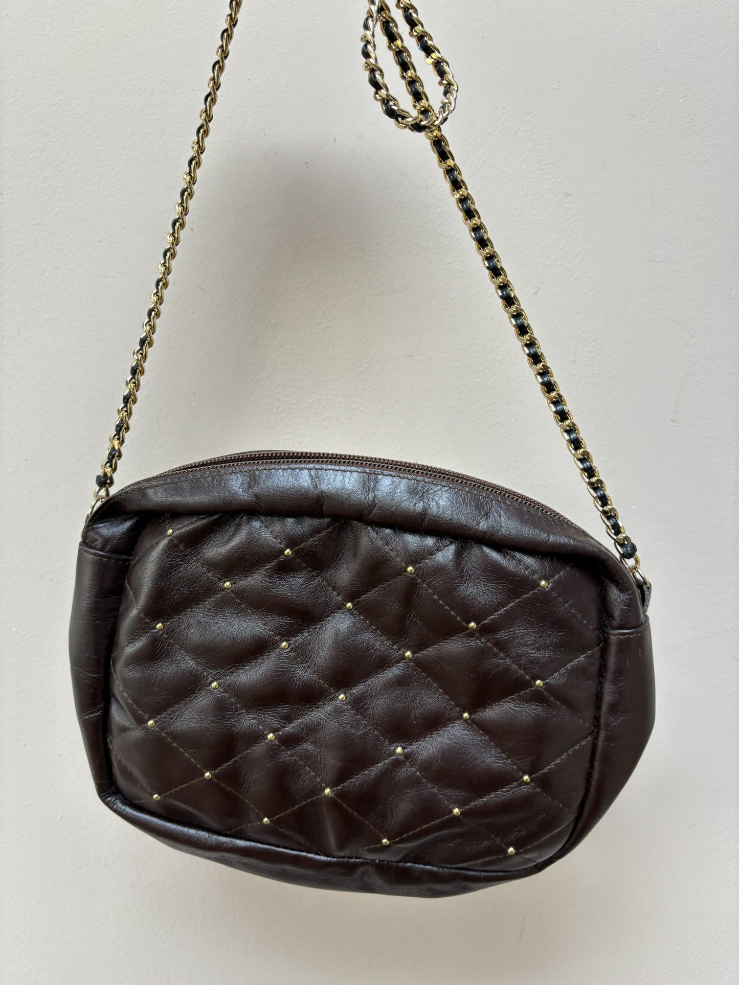 Vintage brown studded bag, gold chain strap