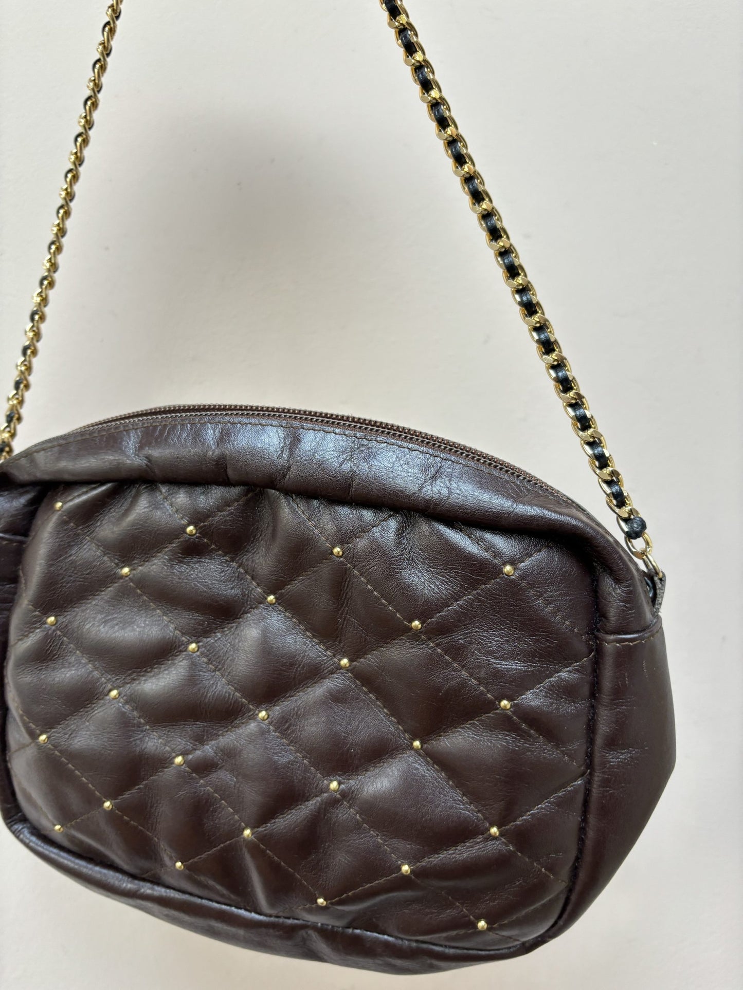 Vintage brown studded bag, gold chain strap