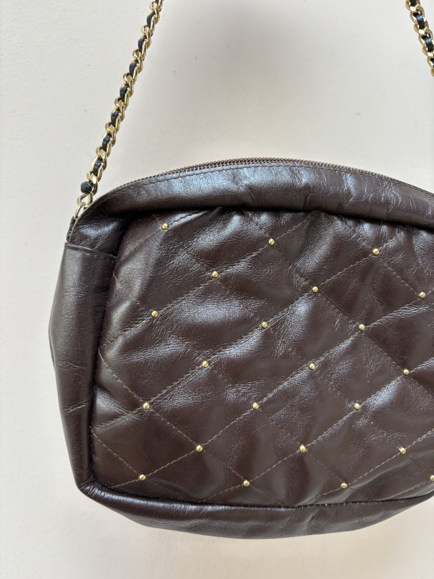 Vintage brown studded bag, gold chain strap
