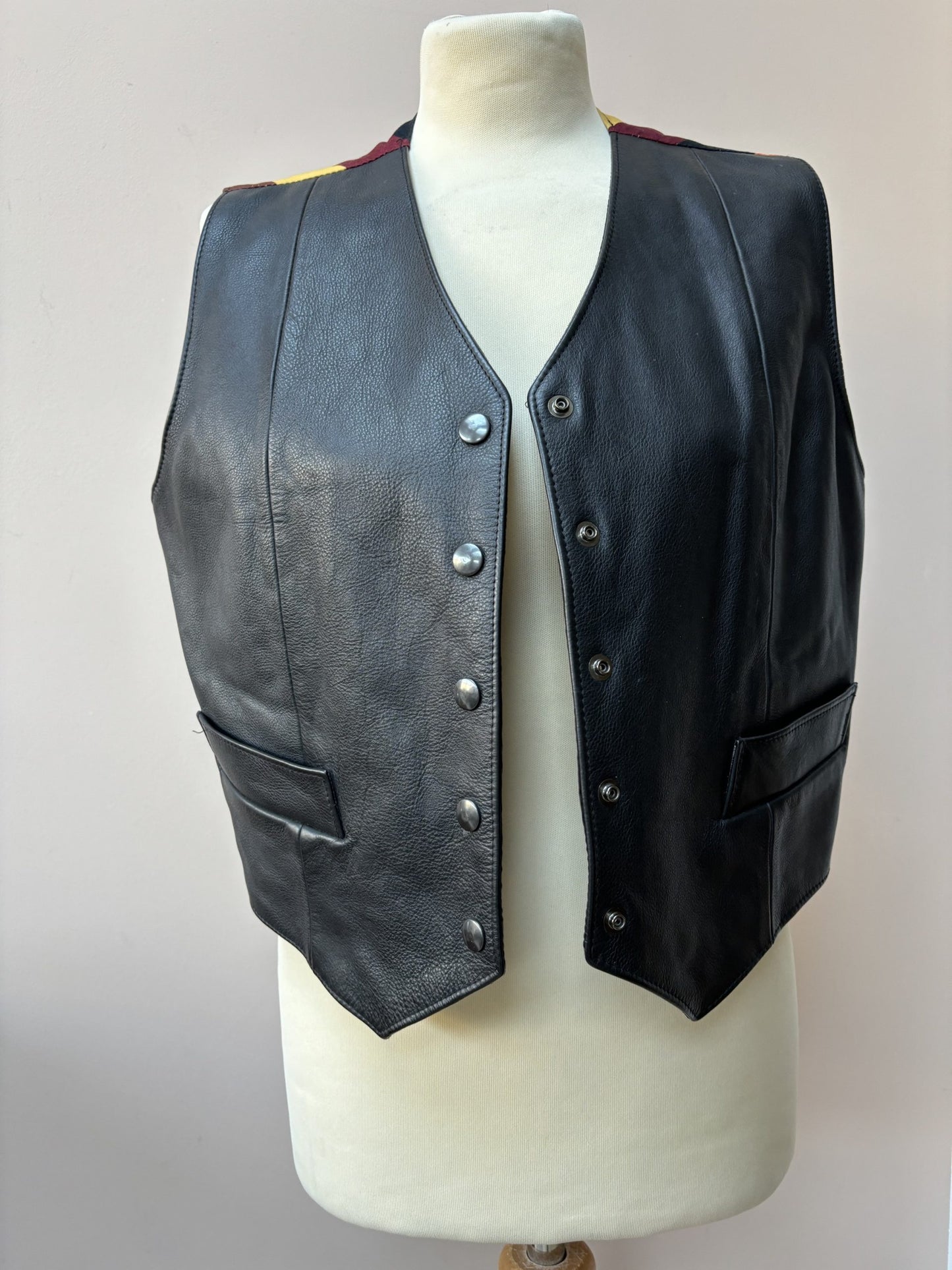 Black leather waistcoat with colourful striped back size 10-14