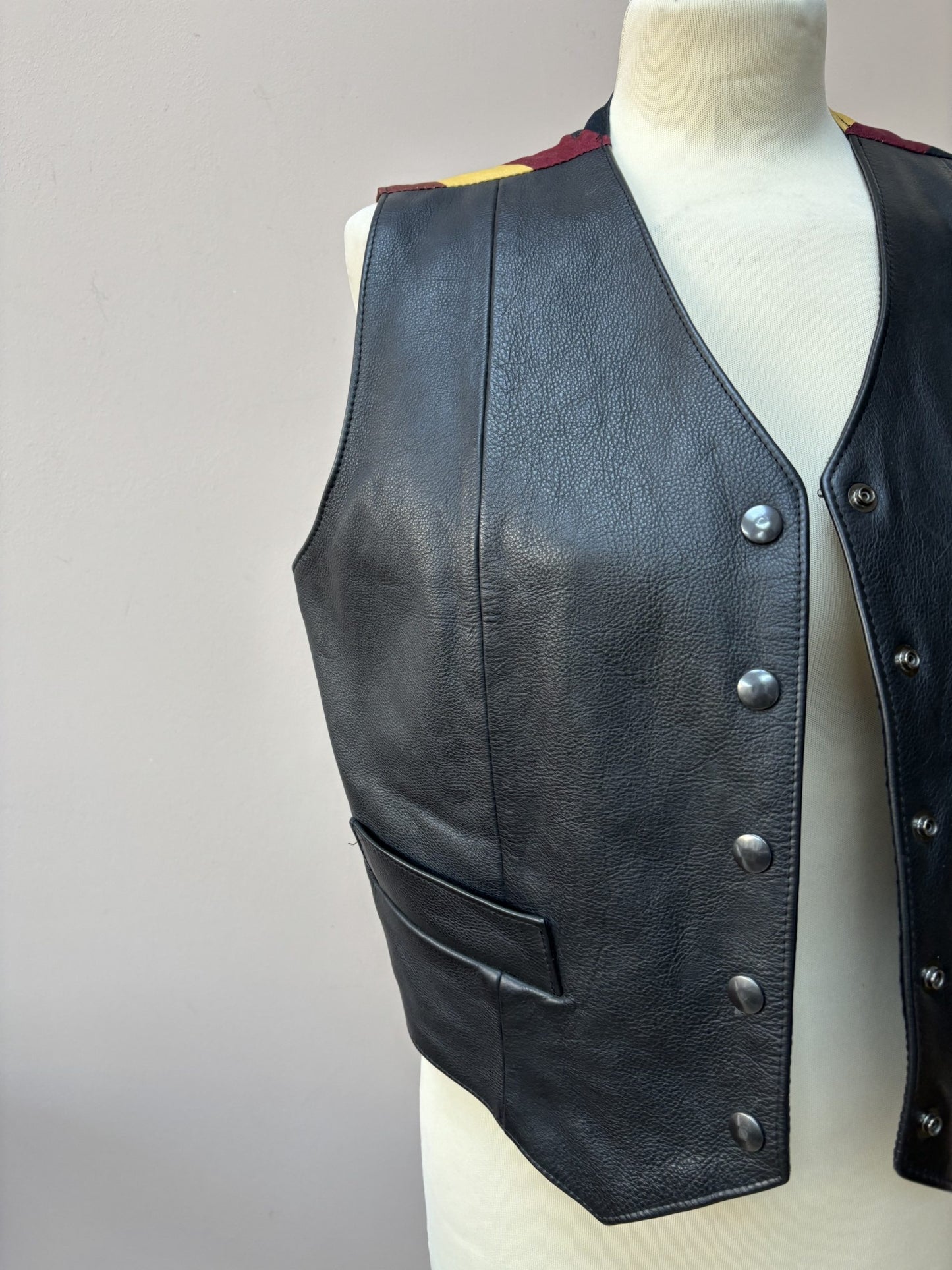 Black leather waistcoat with colourful striped back size 10-14