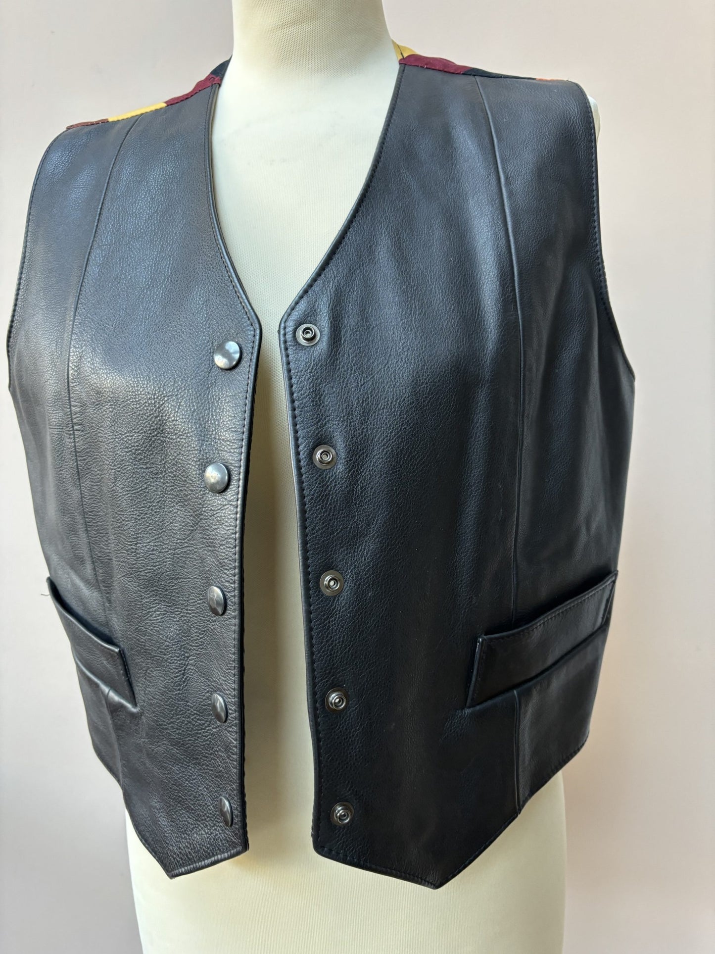 Black leather waistcoat with colourful striped back size 10-14