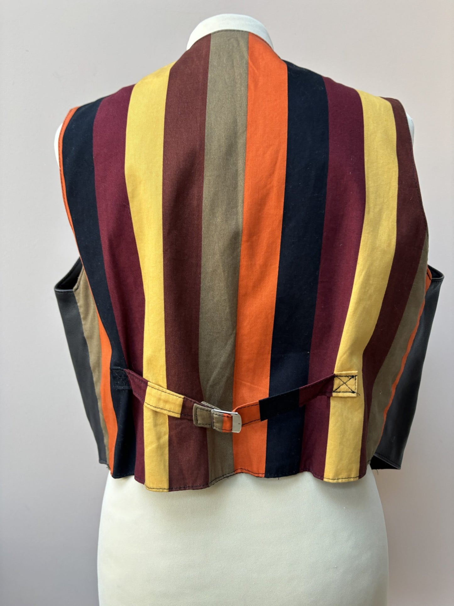 Black leather waistcoat with colourful striped back size 10-14