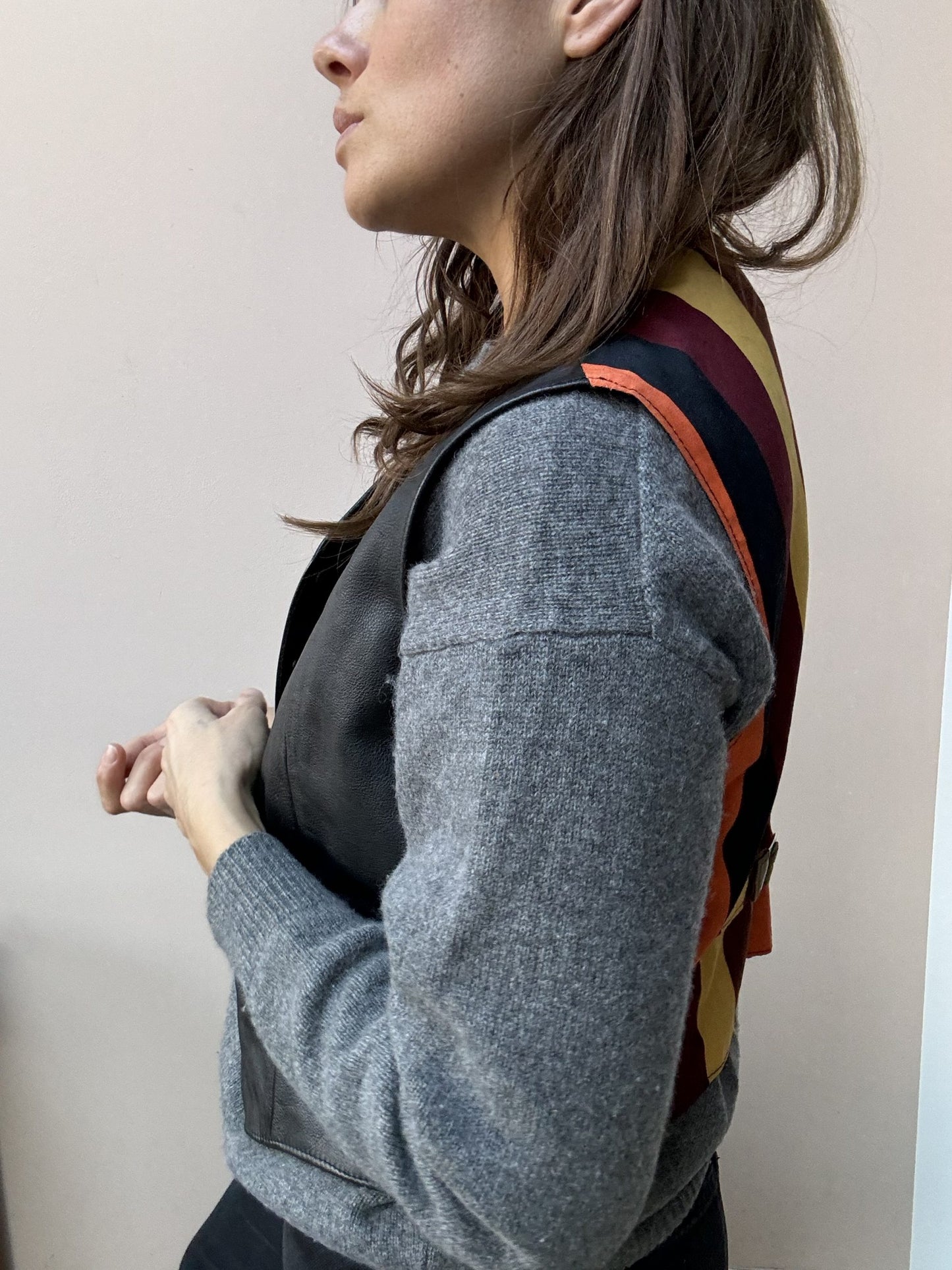 Black leather waistcoat with colourful striped back size 10-14