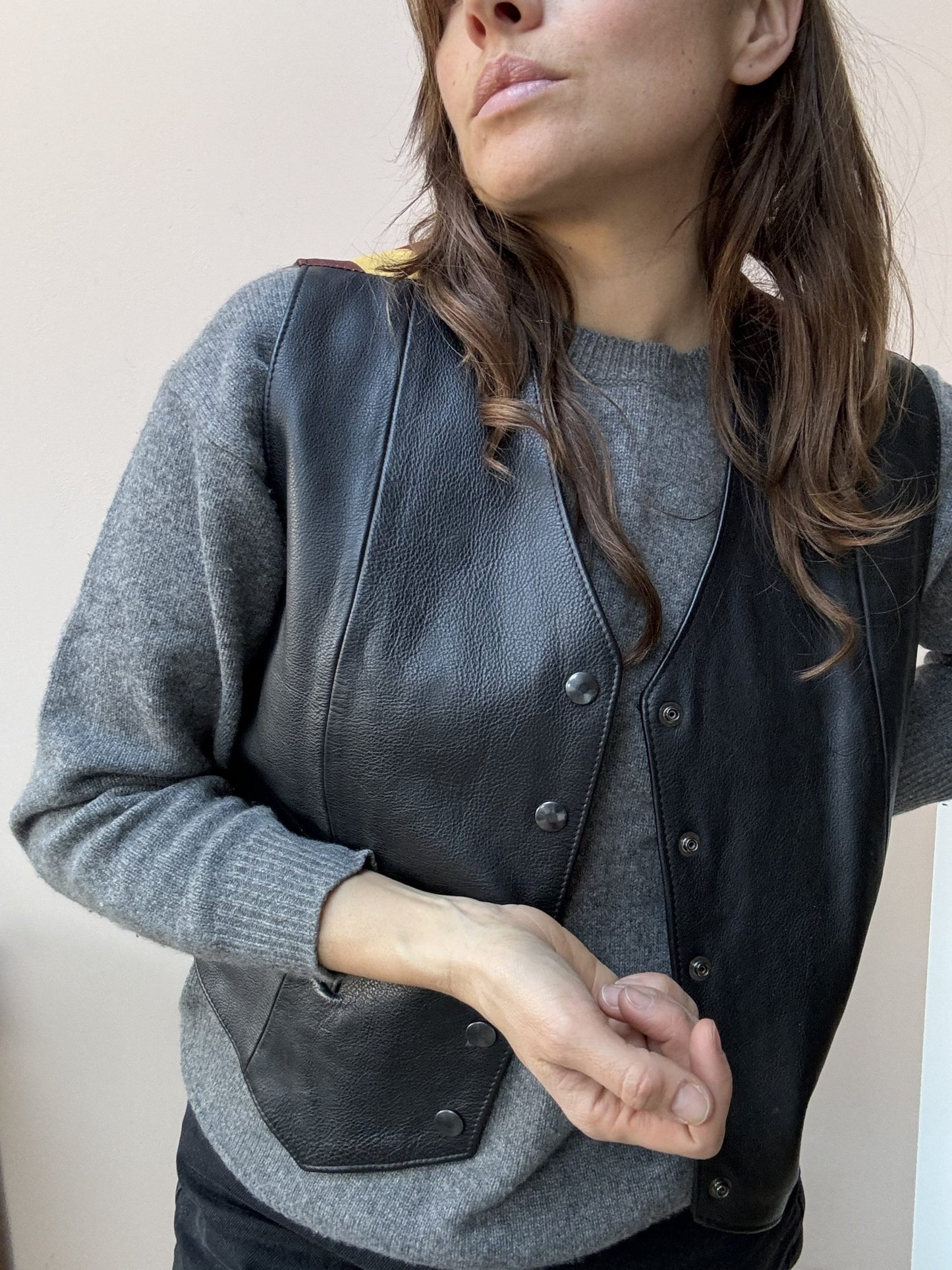 Black leather waistcoat with colourful striped back size 10-14