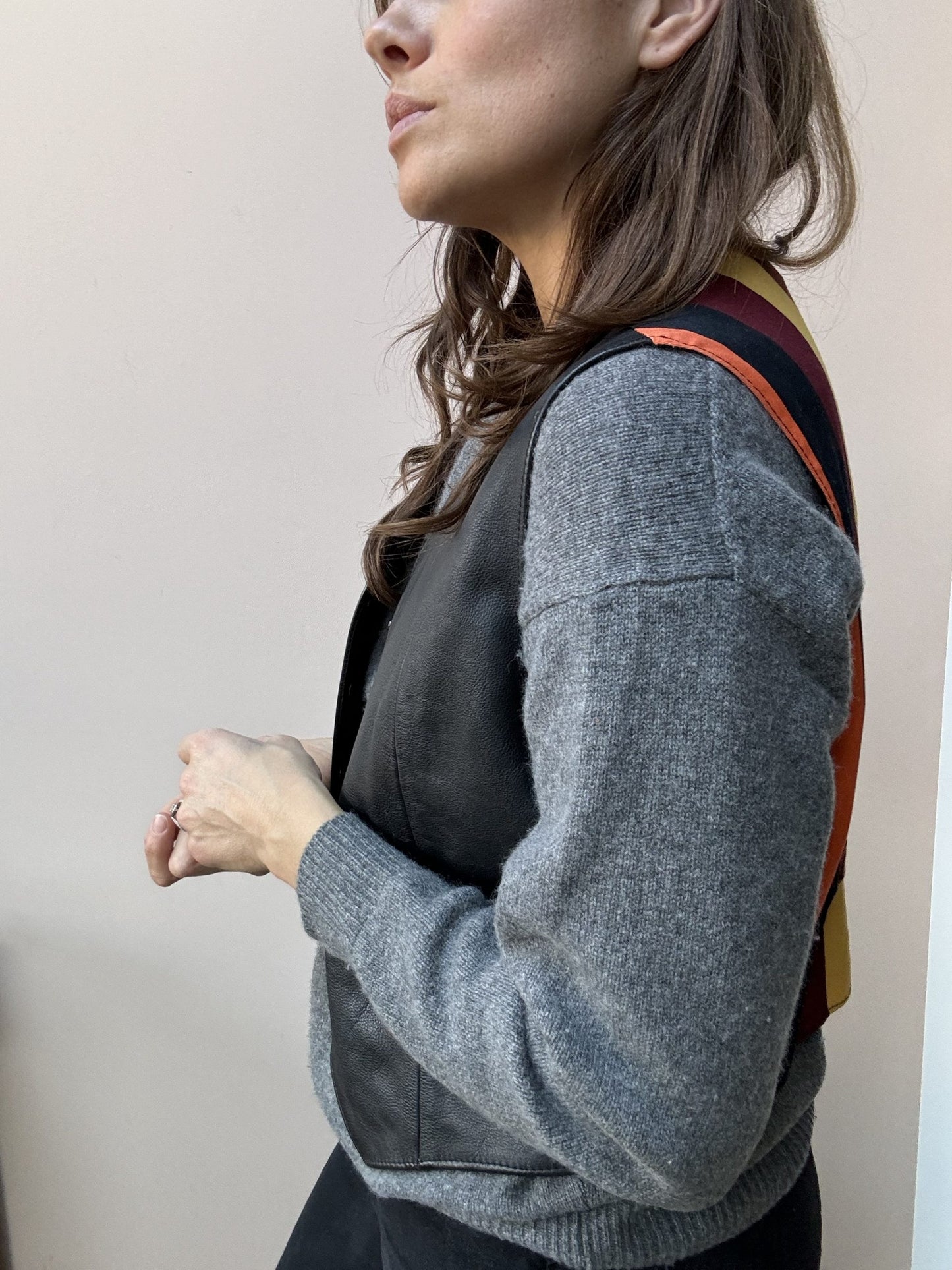 Black leather waistcoat with colourful striped back size 10-14