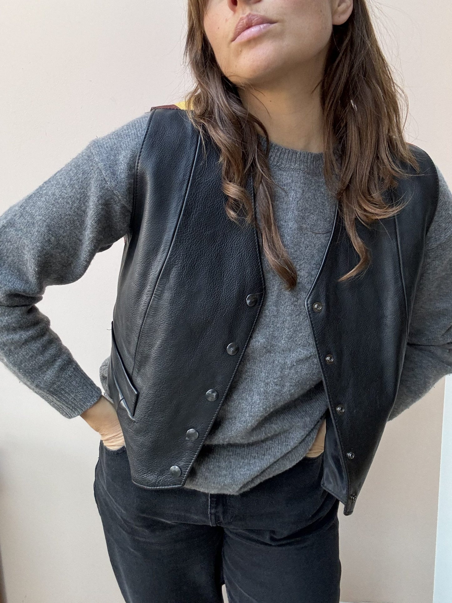 Black leather waistcoat with colourful striped back size 10-14