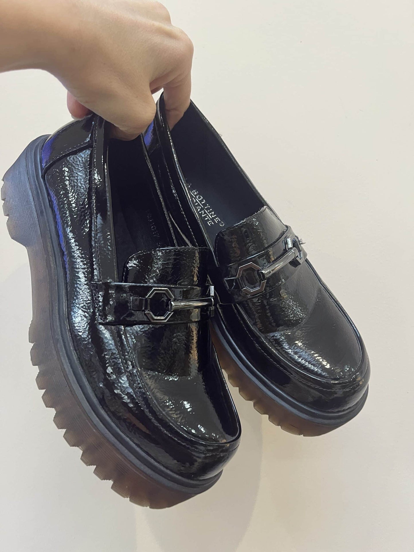 Patent black leather loafers size uk5