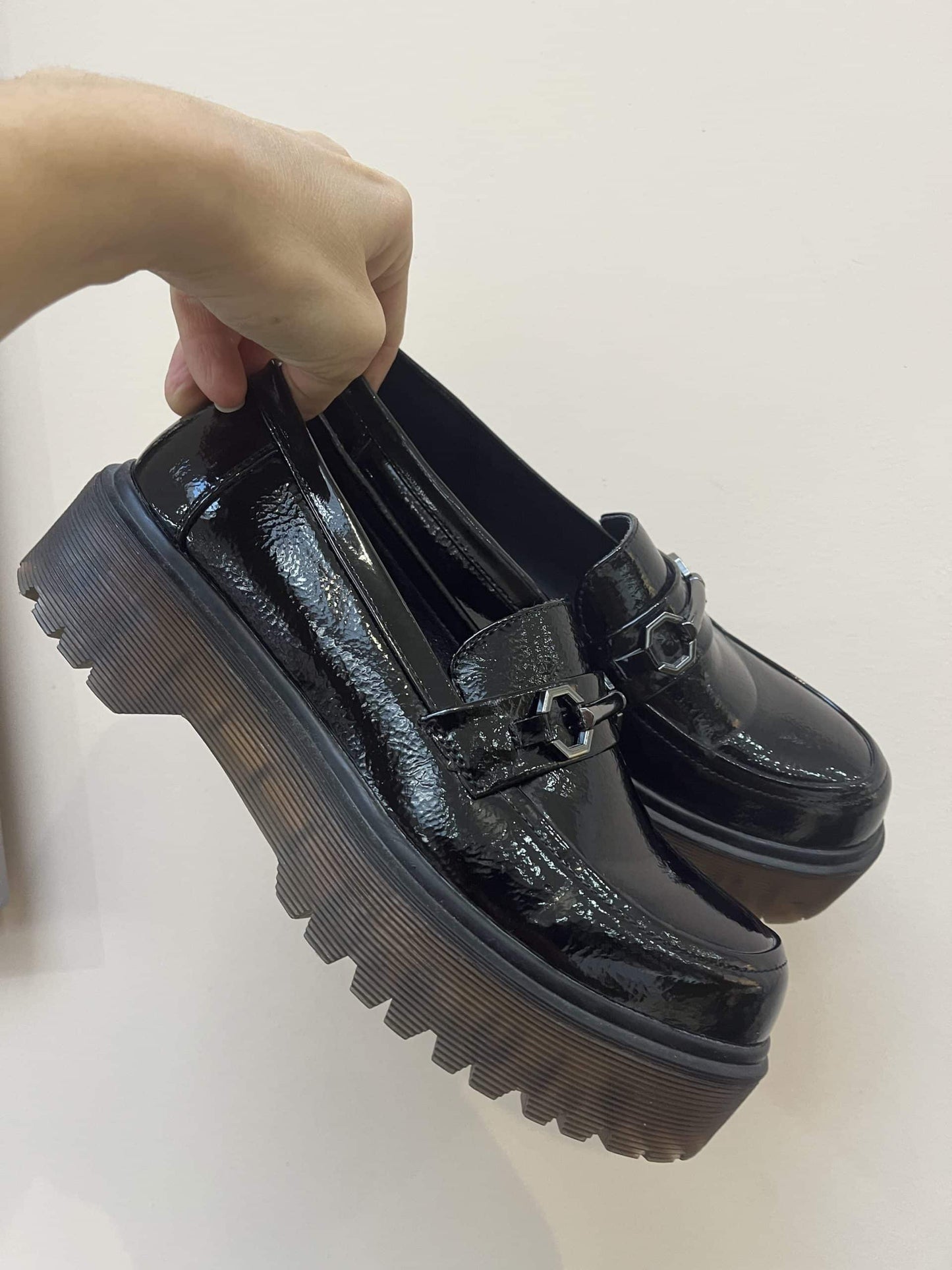 Patent black leather loafers size uk5