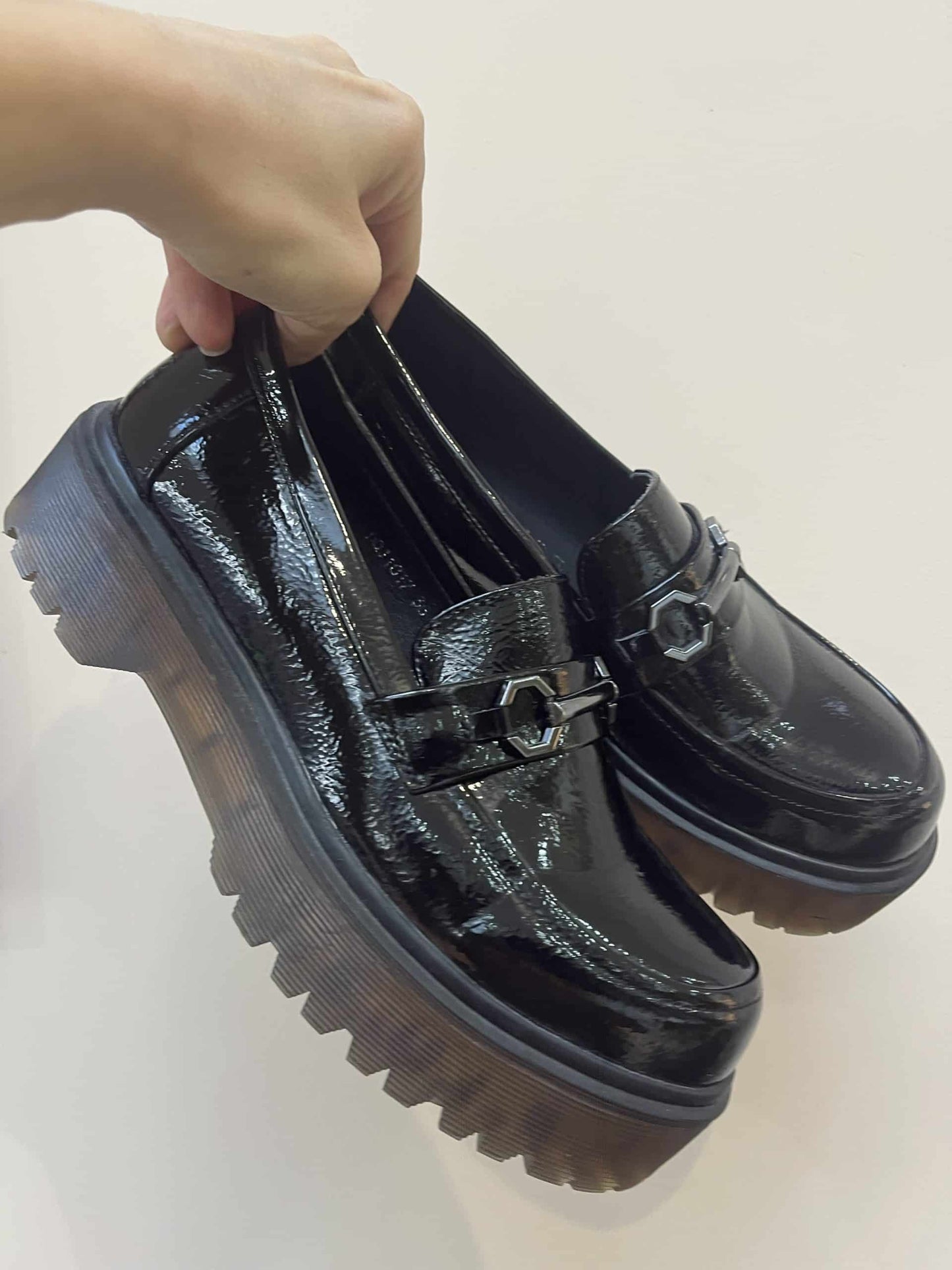 Patent black leather loafers size uk5