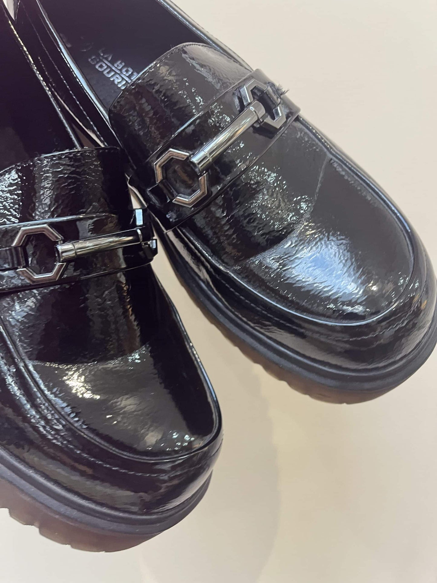 Patent black leather loafers size uk5