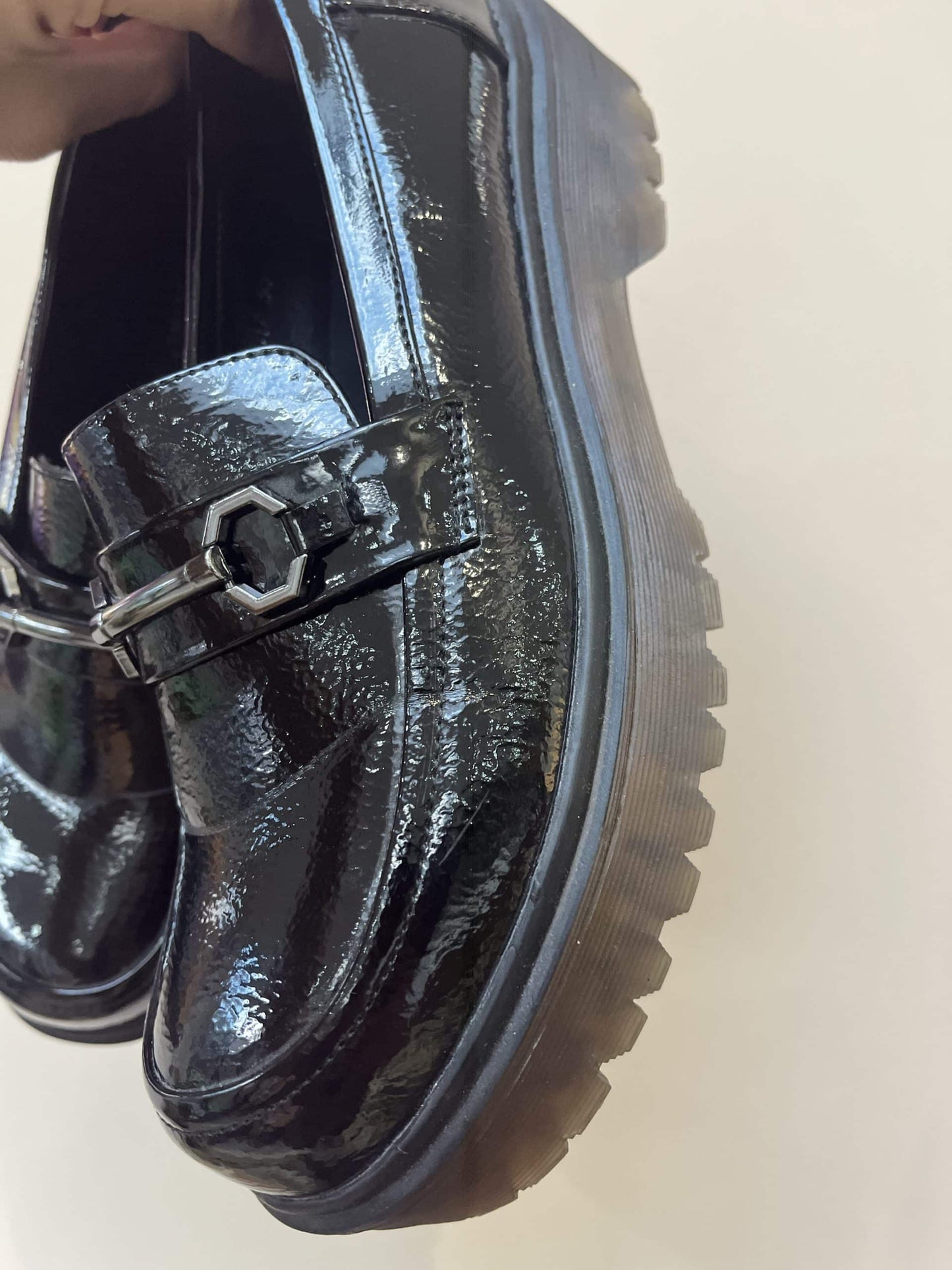 Patent black leather loafers size uk5
