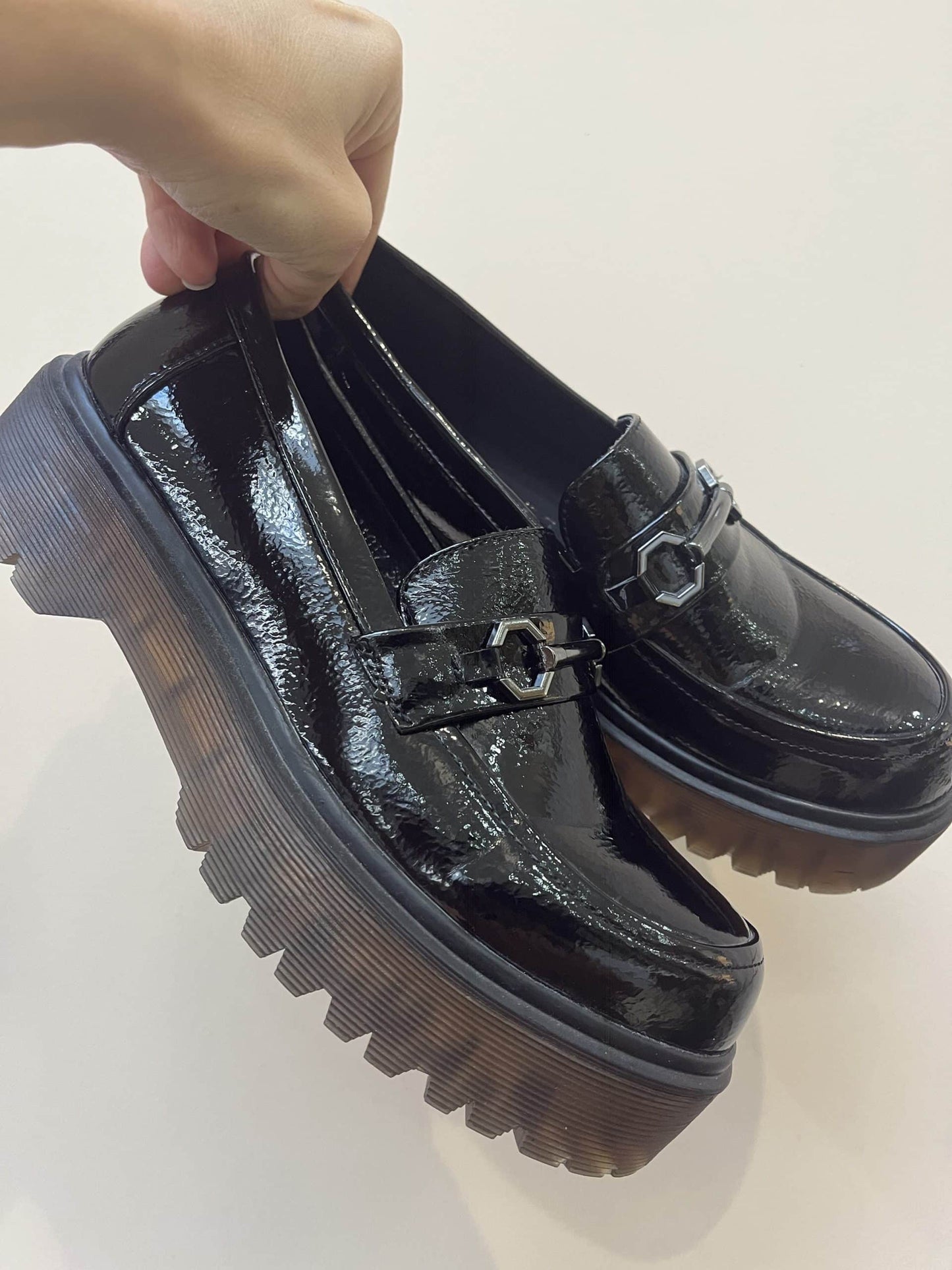 Patent black leather loafers size uk5