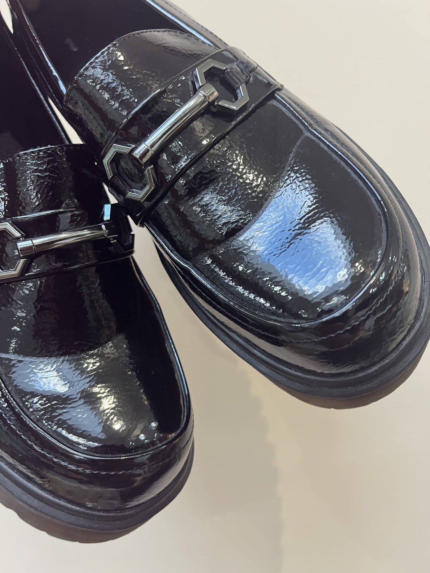 Patent black leather loafers size uk5