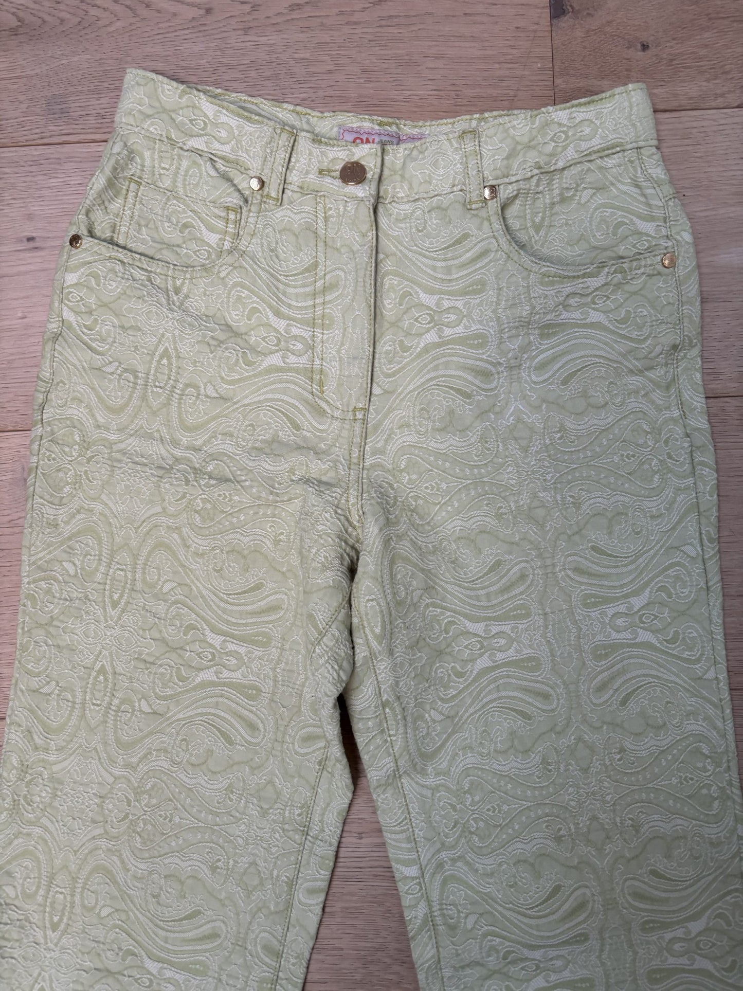 Embroidered pale lime green trousers size 8