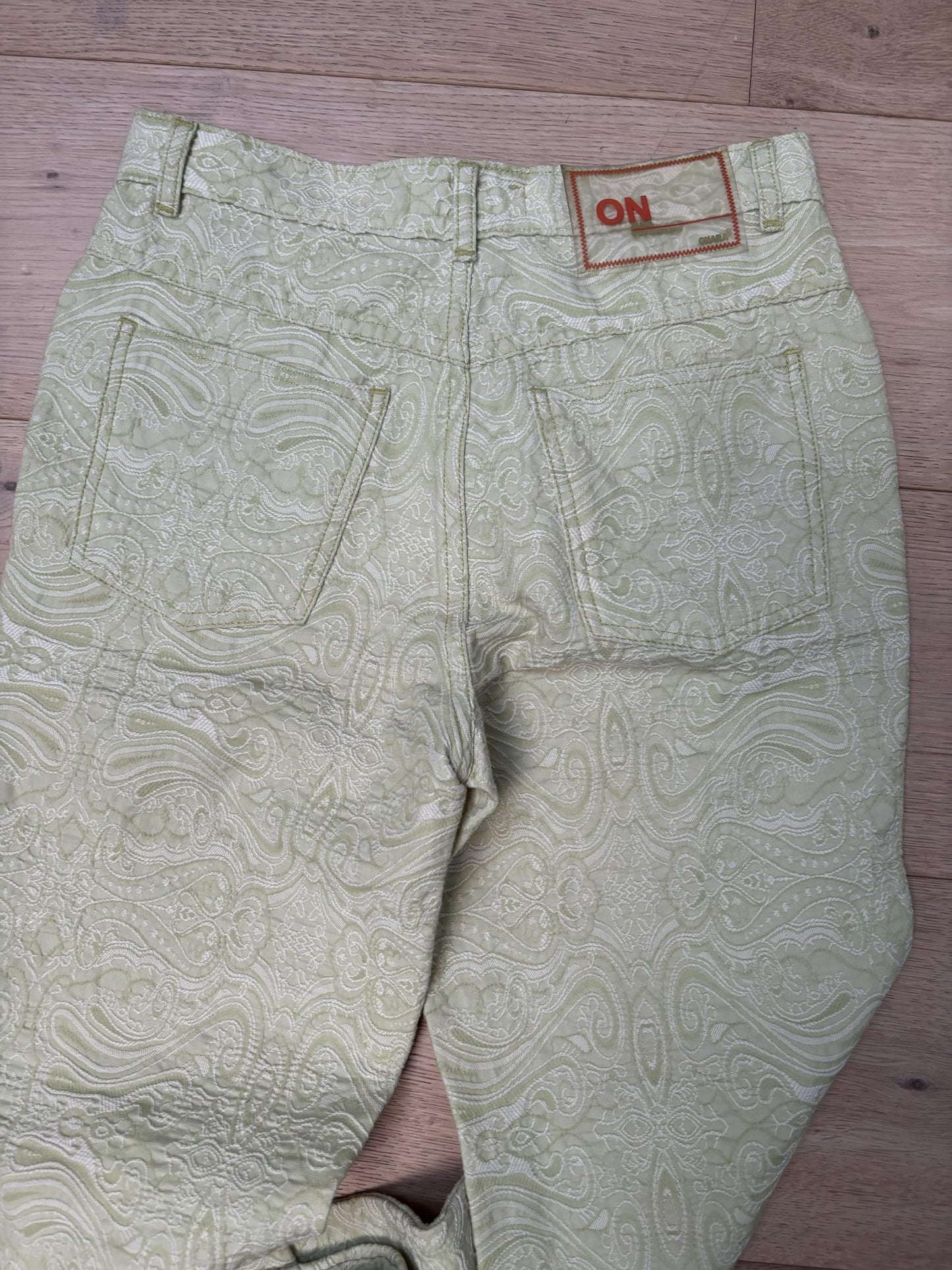 Embroidered pale lime green trousers size 8