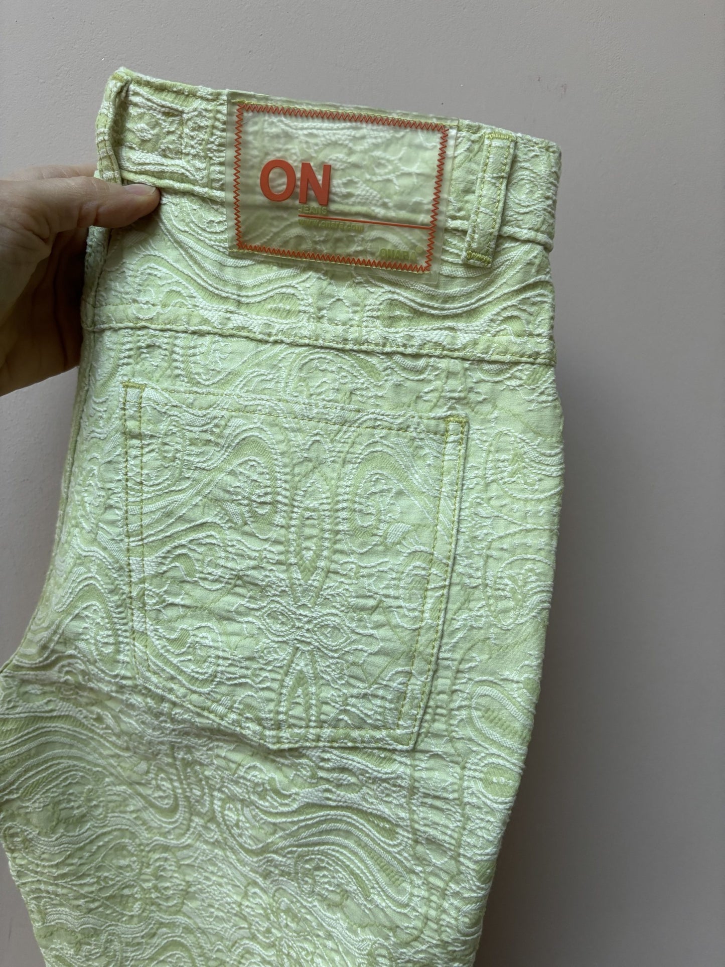 Embroidered pale lime green trousers size 8