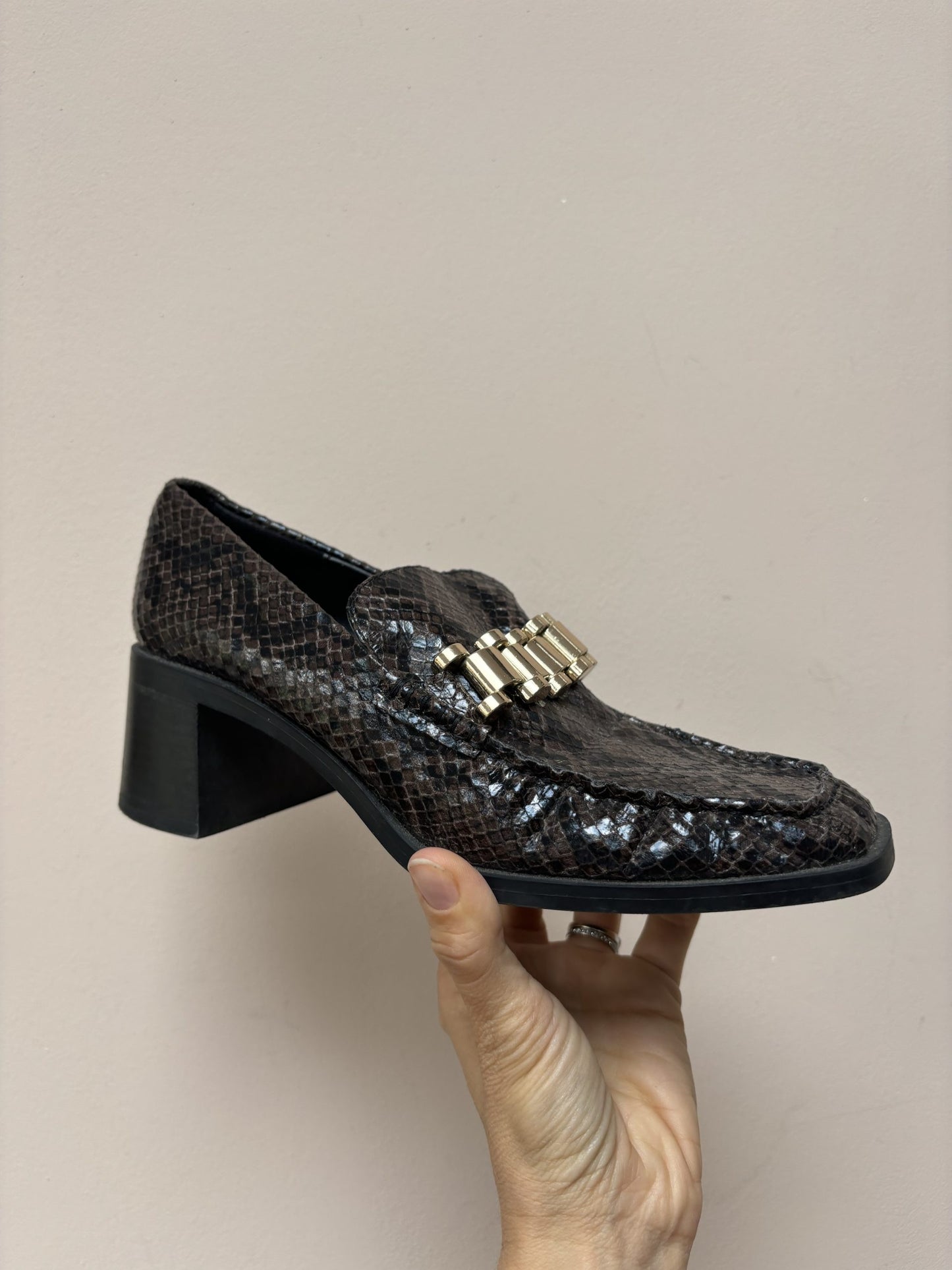 Leather snake print shoes with gold buckle uk5/6