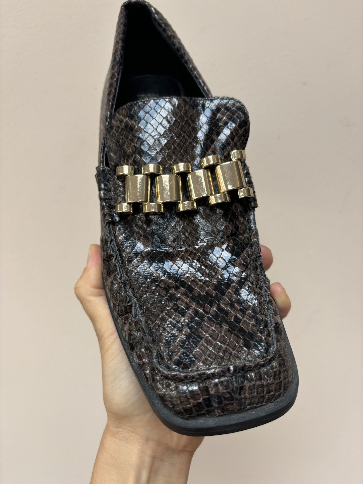 Leather snake print shoes with gold buckle uk5/6