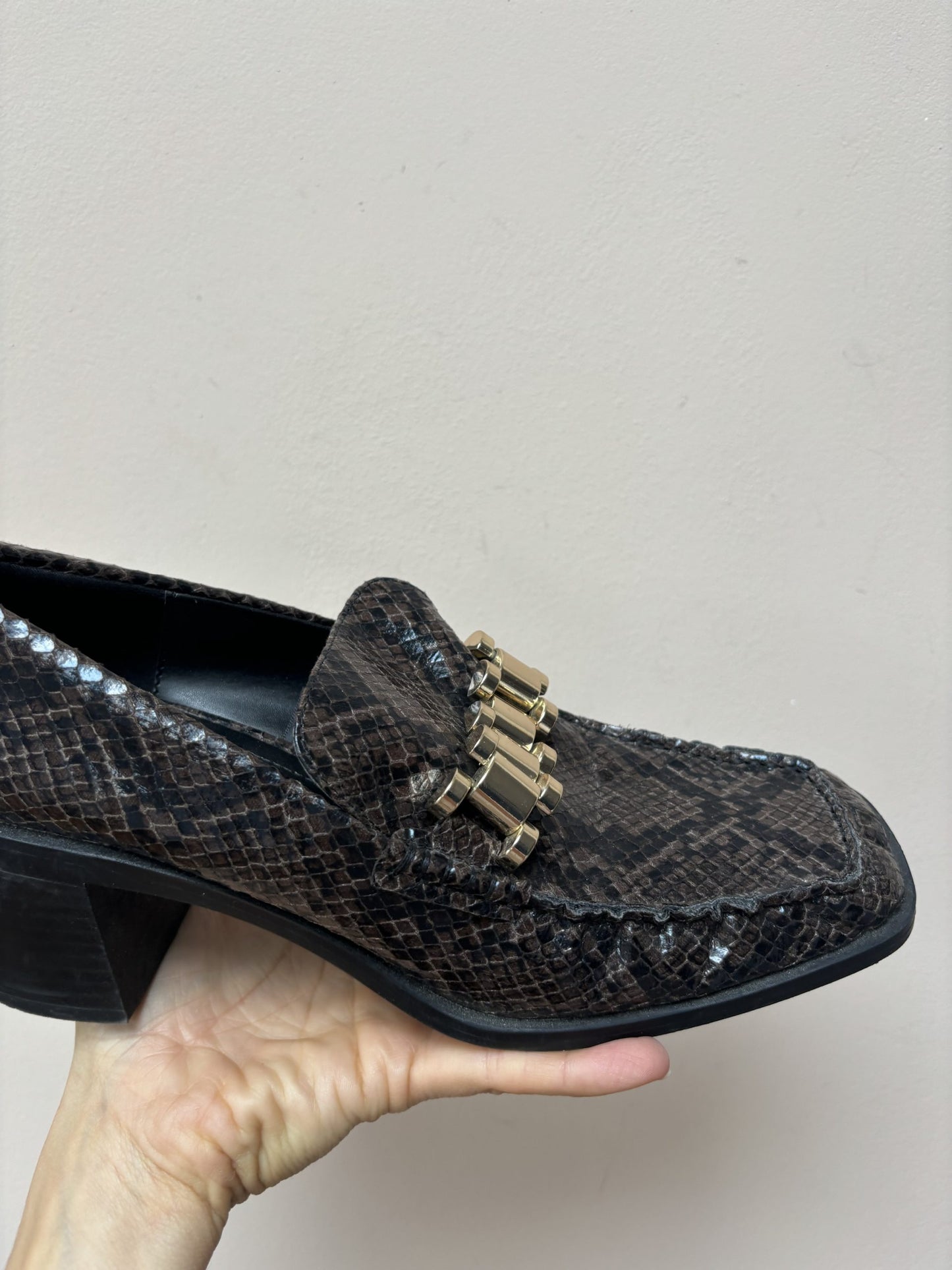 Leather snake print shoes with gold buckle uk5/6