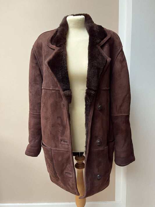 Chocolate brown shearling suede coat. Size 12-16