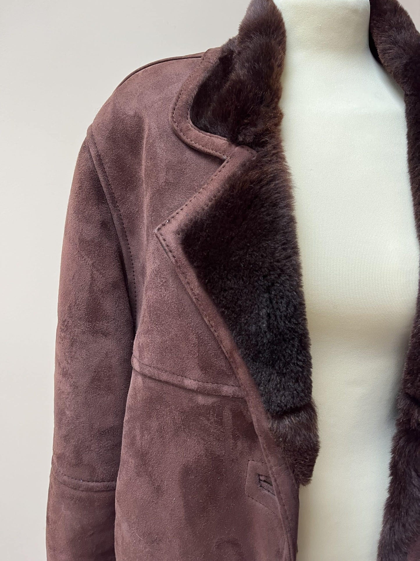 Chocolate brown shearling suede coat. Size 12-16